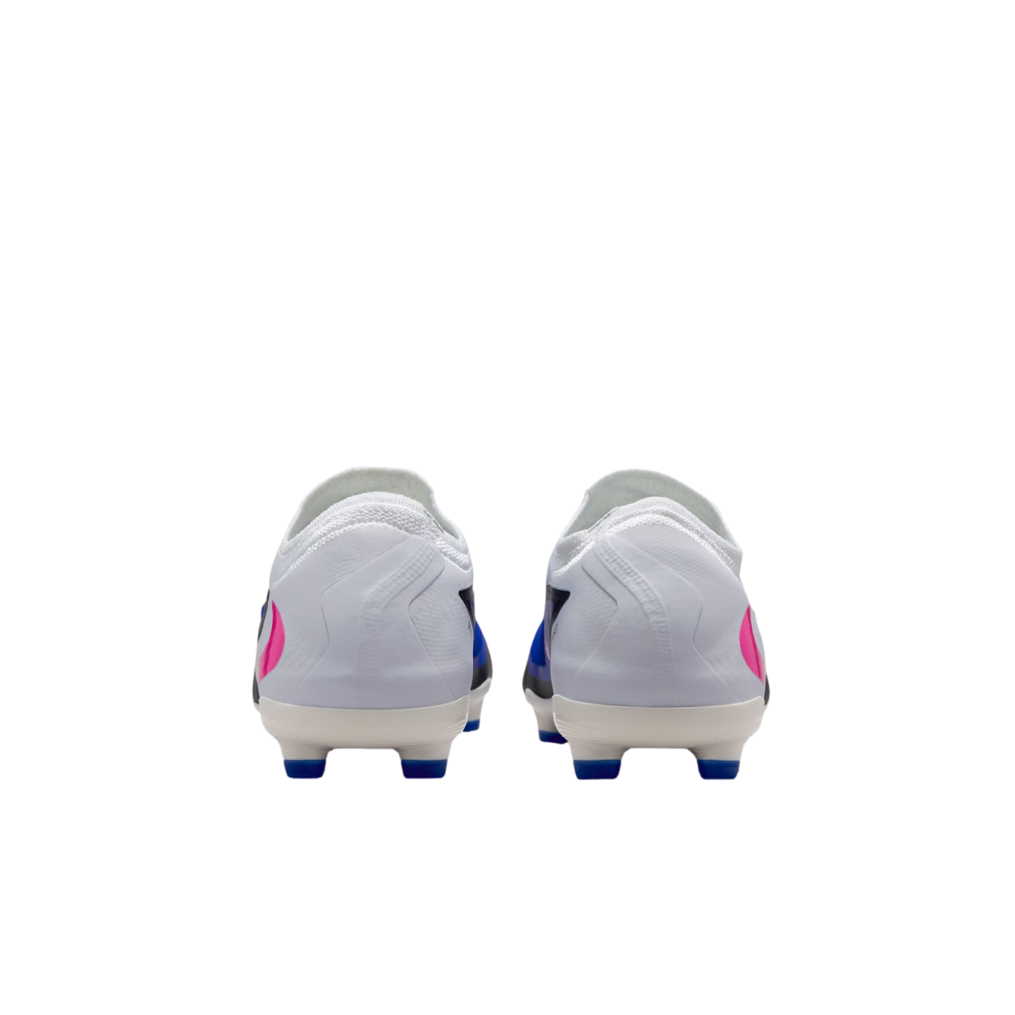 Rear view of white soccer cleats with blue and pink accents on a black background.
