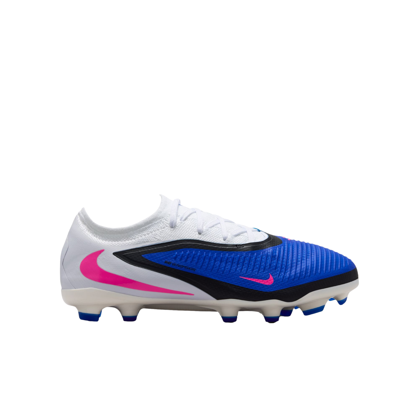 Nike soccer cleat in white, blue, and black with vibrant pink swooshes and blue-tipped studs on a solid black background.