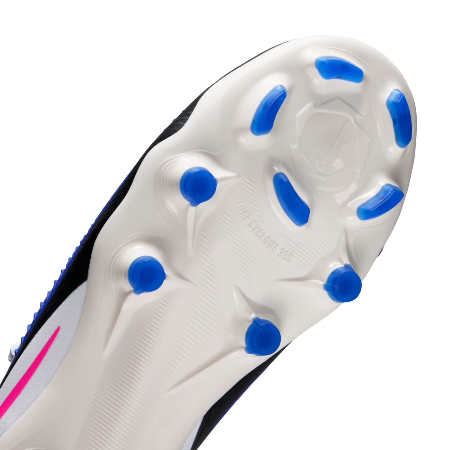 Close-up of a white Nike soccer cleat's soleplate with blue studs and "NIKE CYCLONE 360" text. A pink detail is visible on the side, set against a black background.