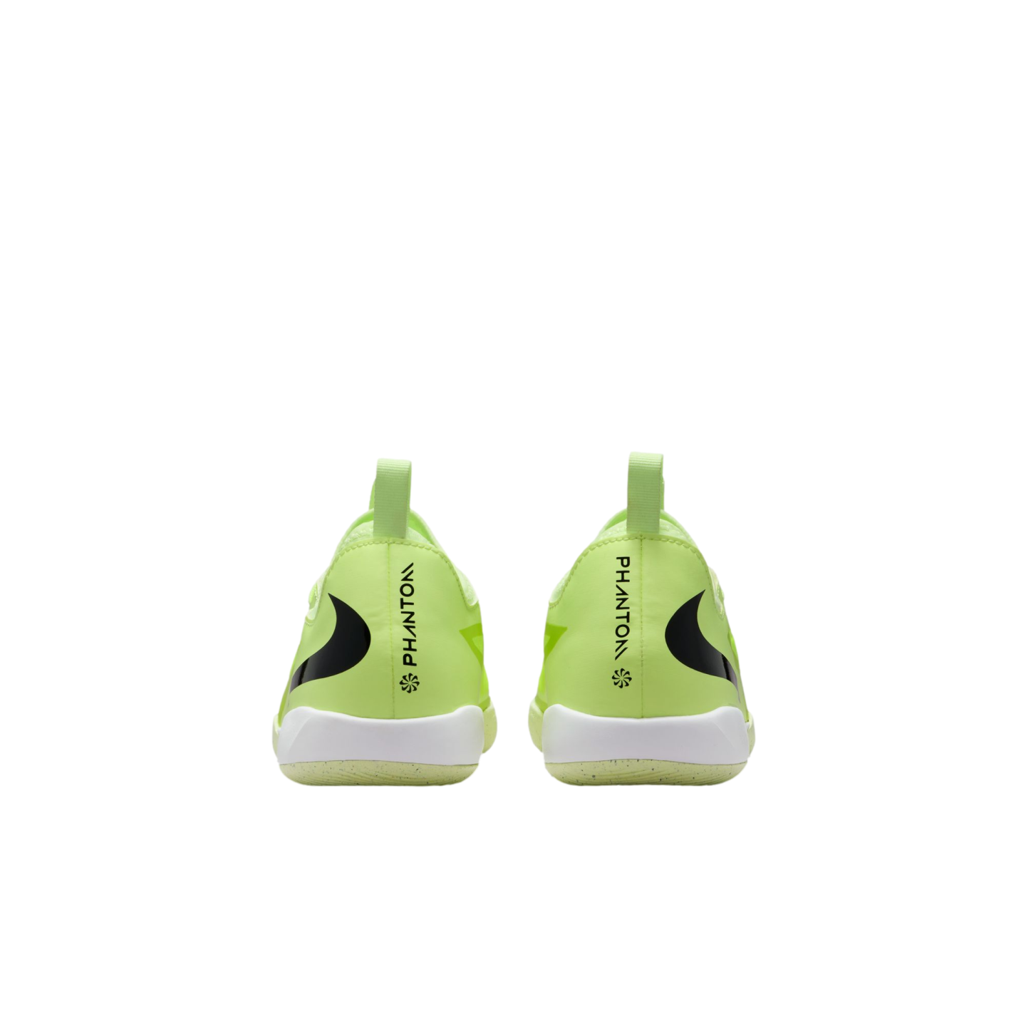 A back view of a pair of lime green Nike Phantom soccer cleats with white soles and black logos, set against a solid black background.