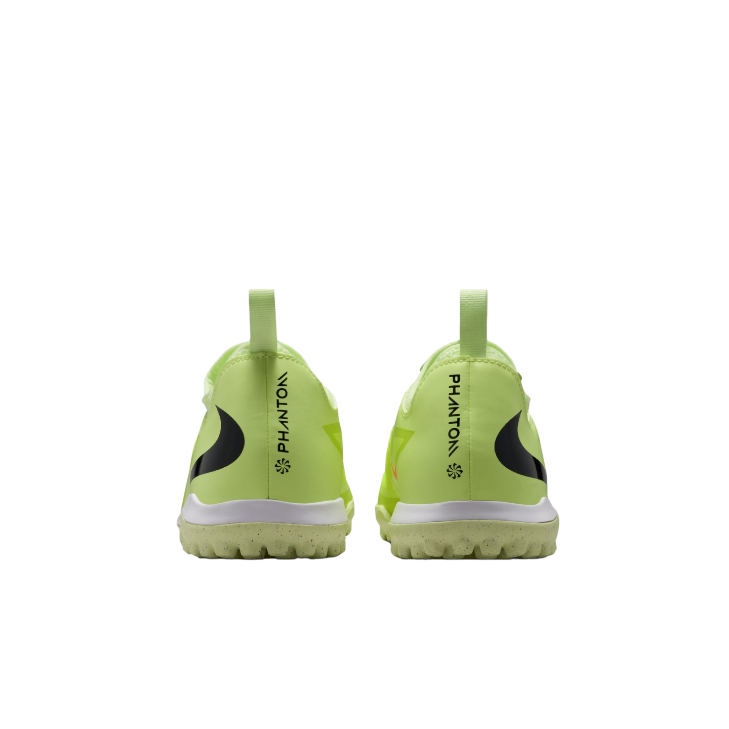 Rear view of two lime green Nike Phantom soccer turf shoes against a black background, showing "PHANTOM" branding on the heels.