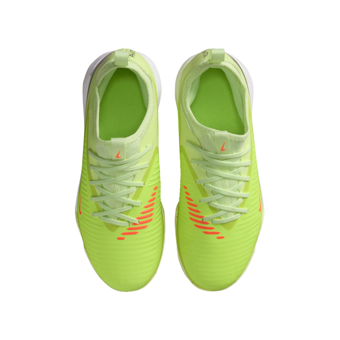 Top-down view of bright lime green Nike sneakers with orange accents and diagonal stripes on a black background.