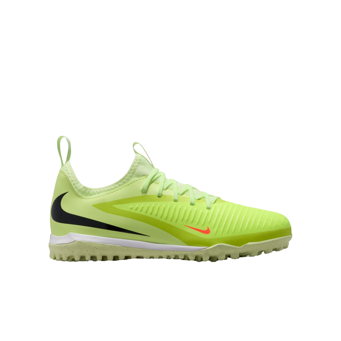 Side view of a lime green Nike turf soccer shoe with a black swoosh and a small orange swoosh, isolated on a black background.