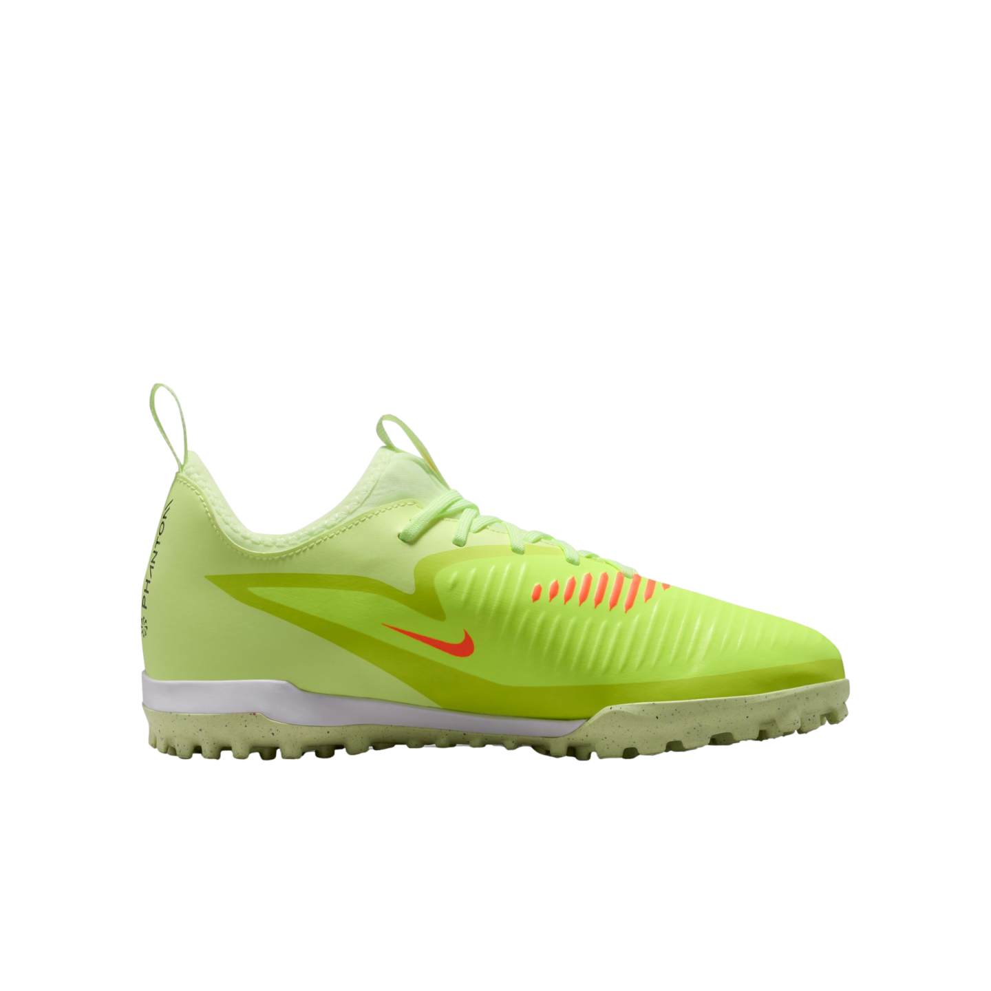 Side profile of a neon yellow Nike Phantom turf soccer shoe featuring an orange swoosh and a speckled grey studded outsole, set against a black background.