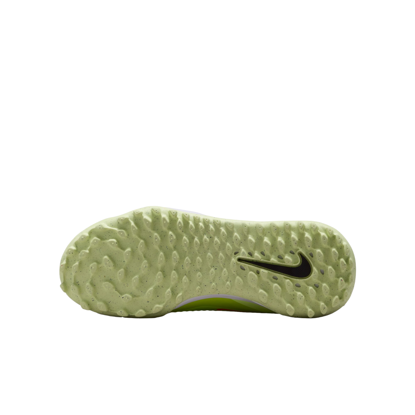 Underside of a pale green Nike shoe sole with small traction studs and a black swoosh logo, against a black background.