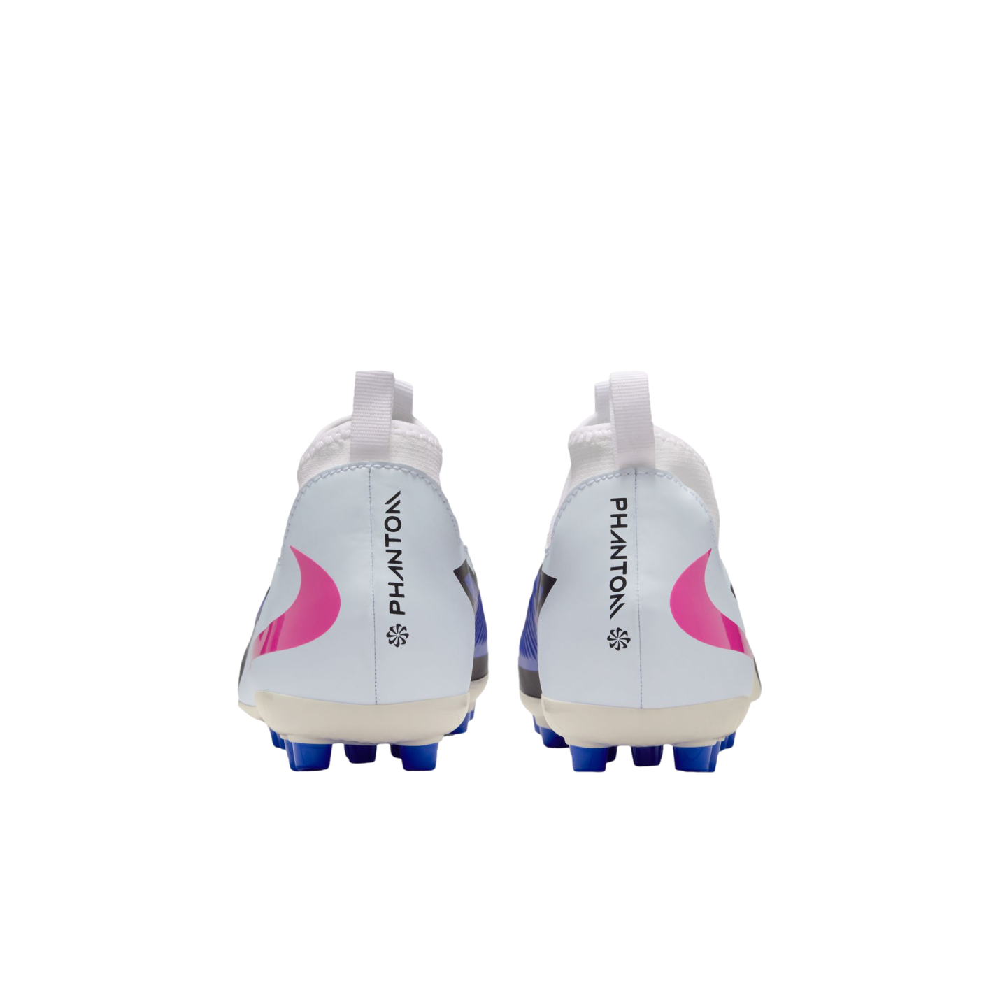 Rear view of white Nike Phantom soccer cleats with pink swooshes, blue studs, and vertical branding on the heels against a black background.