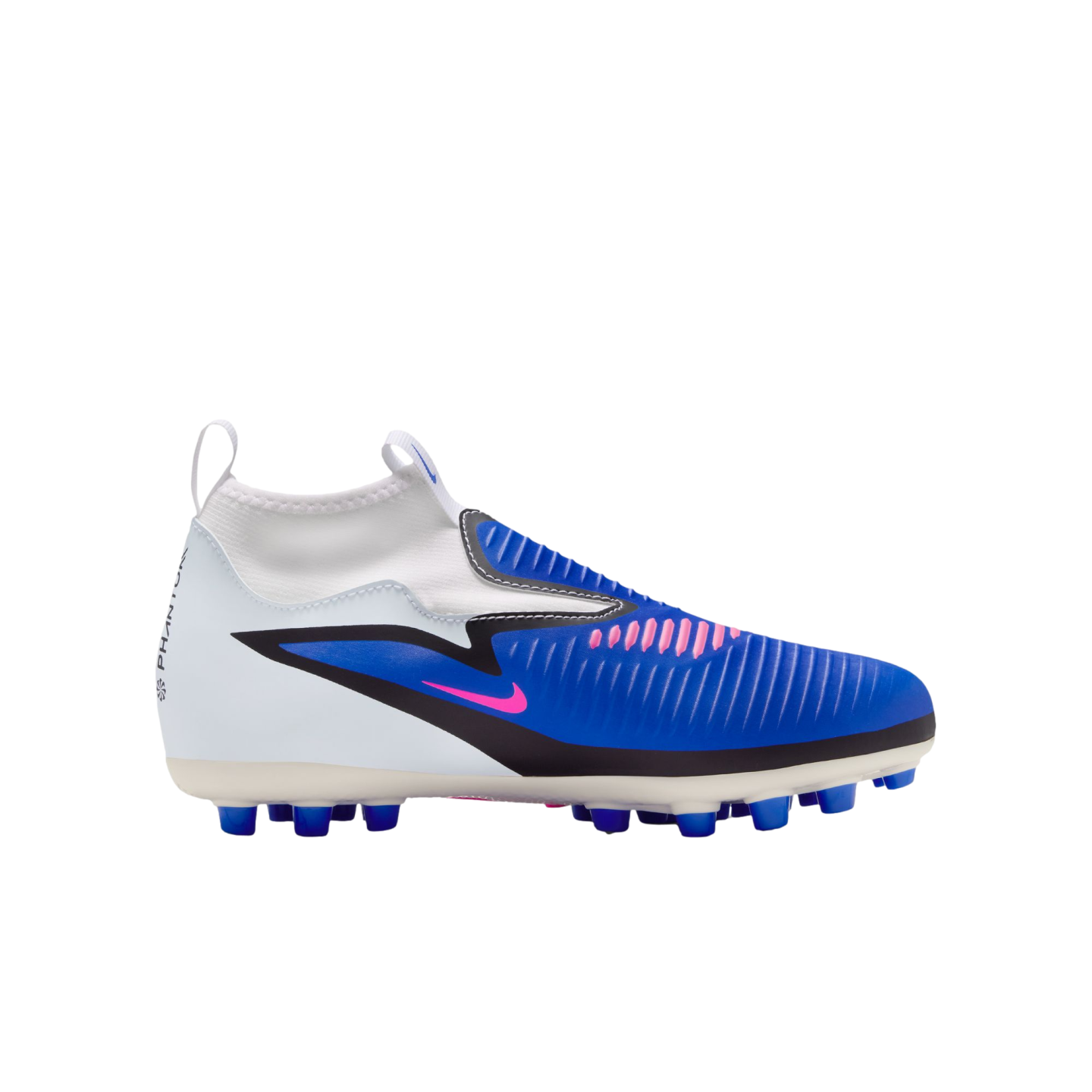 Side view of a white and blue laceless Nike Phantom soccer cleat with pink accents, featuring a sock-like collar and blue studs against a black background.