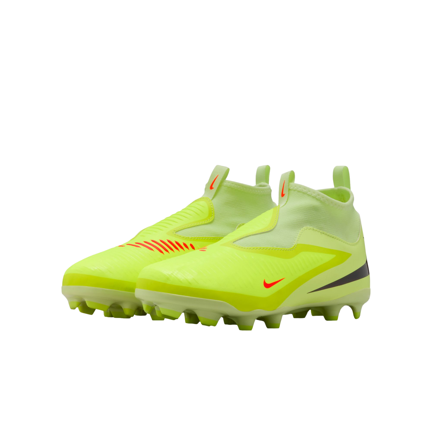Pair of neon yellow laceless Nike soccer cleats with orange swoosh logos on a black background.