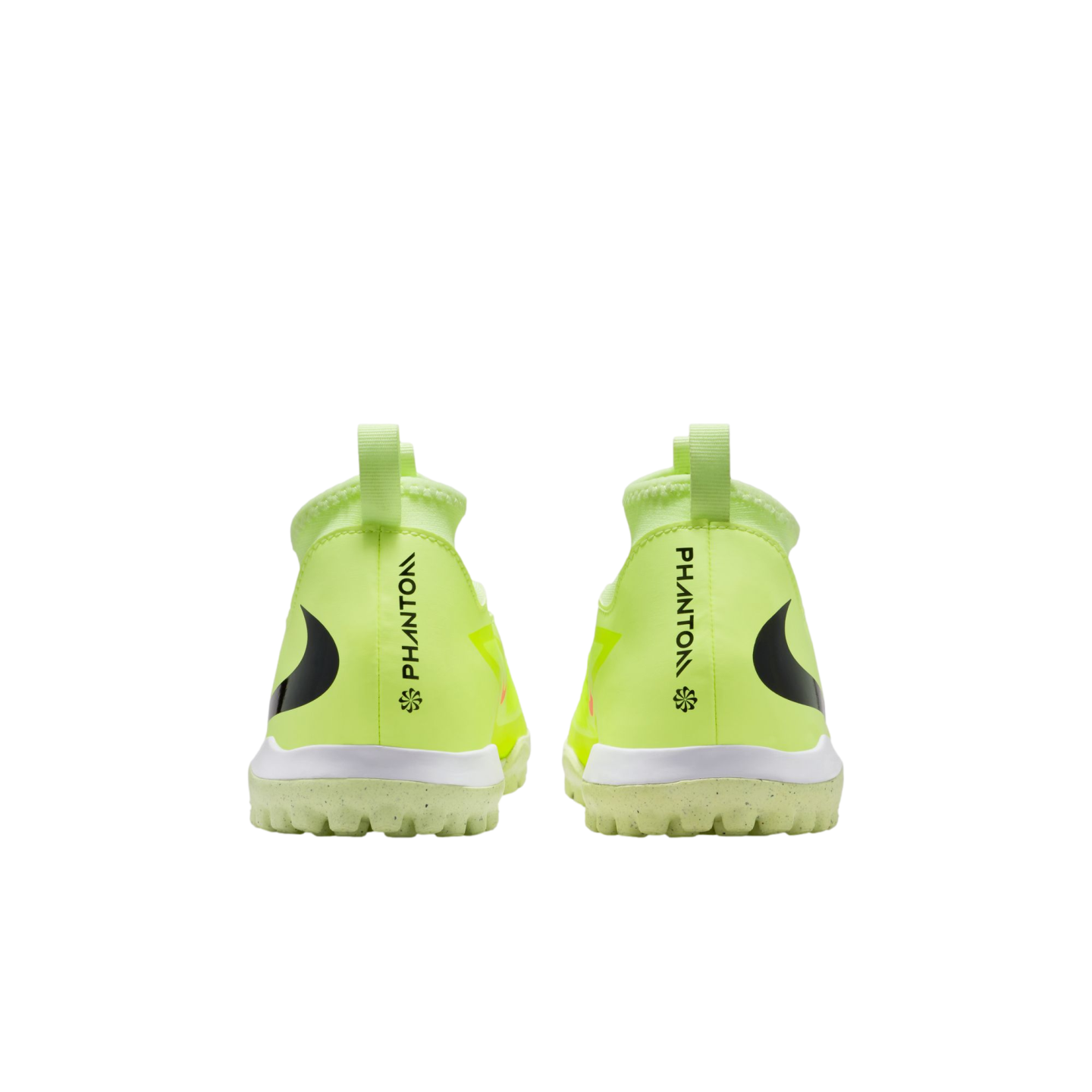 Rear view of neon yellow Nike Phantom soccer shoes with black logos, white midsoles, and lime green textured outsoles against a solid black background.