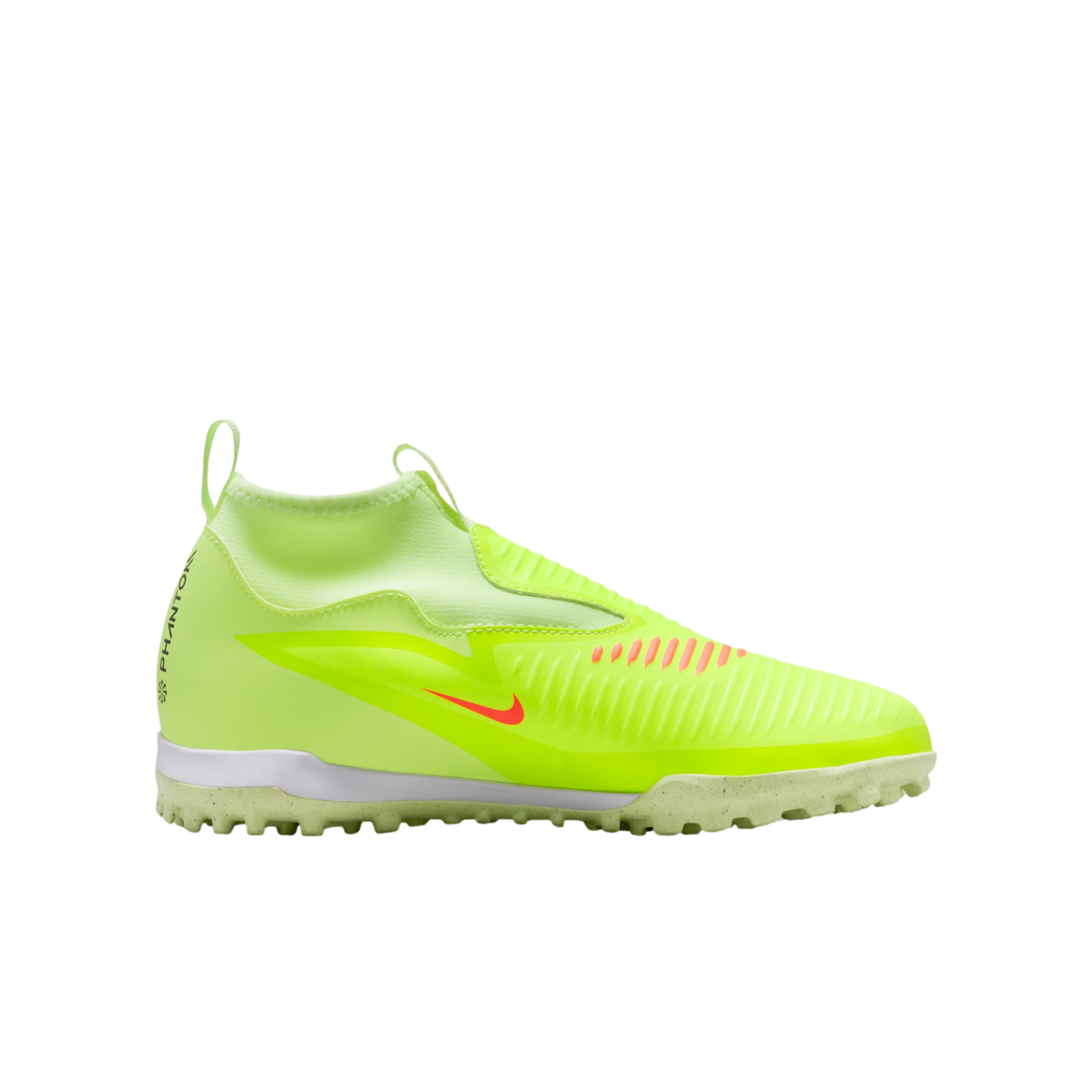 A neon yellow Nike Phantom soccer shoe for turf surfaces, featuring a sock-like collar, textured upper, and orange accents on a black background.
