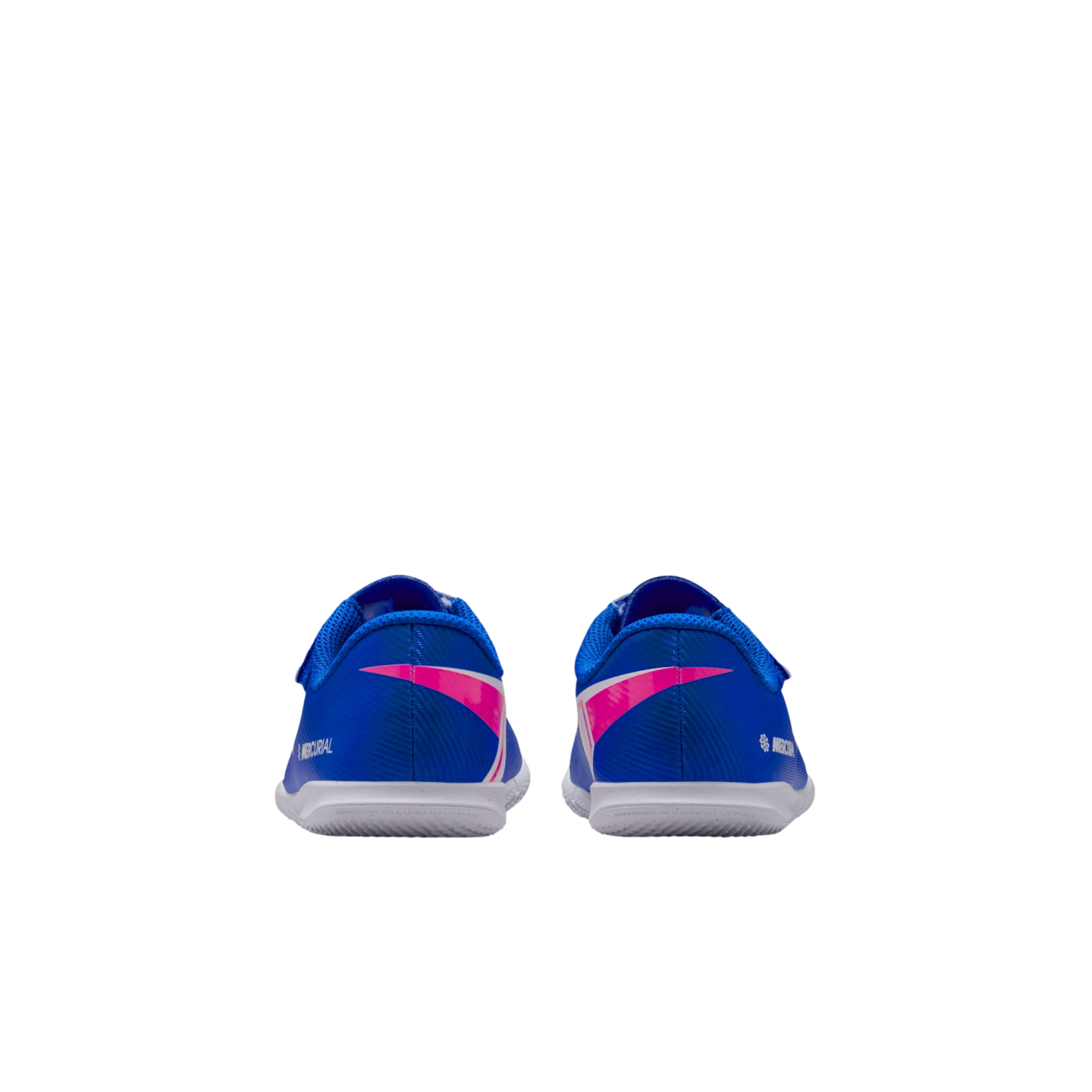 Rear view of two blue Nike Mercurial soccer shoes with pink graphics and white soles, centered on a black background.