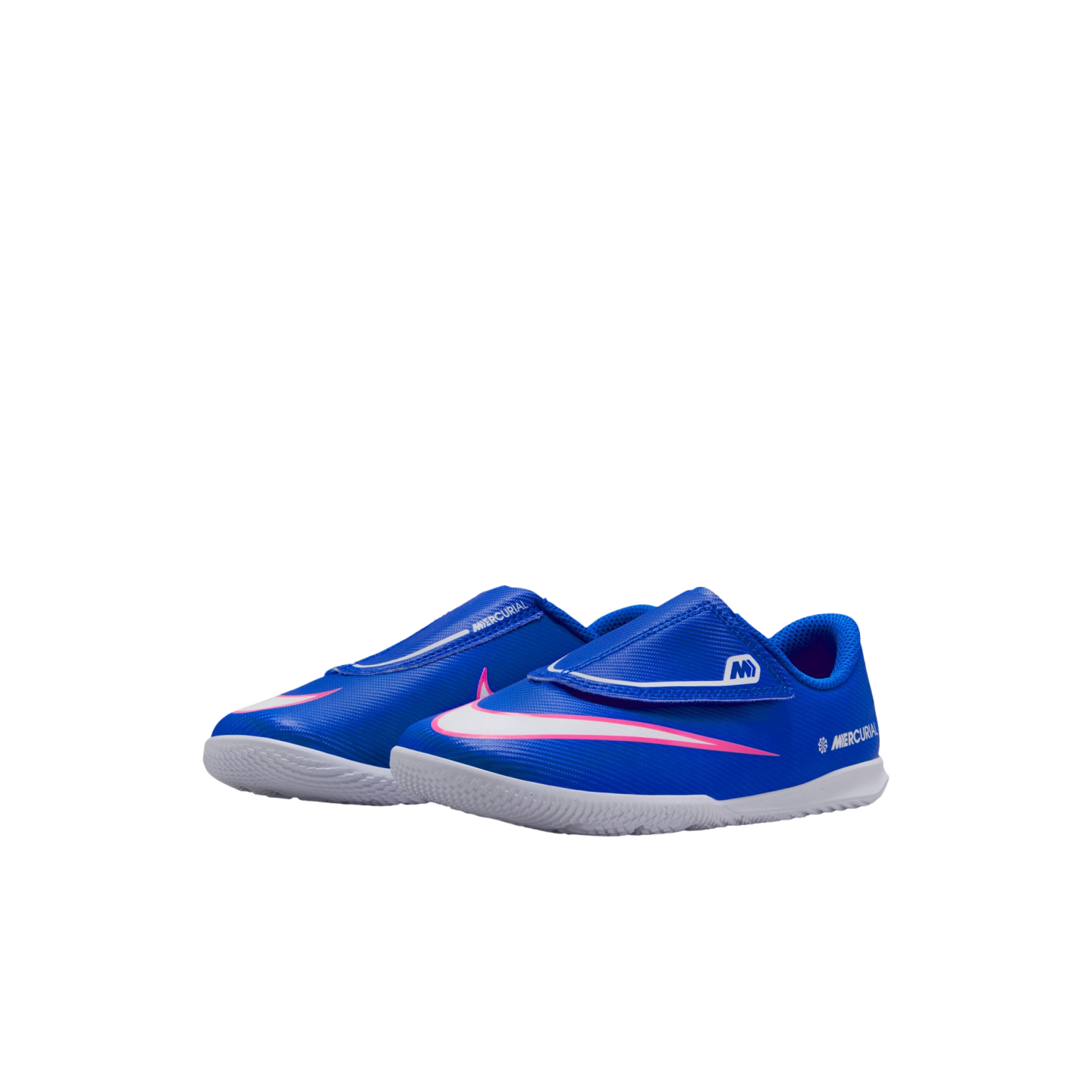 Blue Nike Mercurial indoor soccer shoes for toddlers with a white swoosh, pink trim, and hook-and-loop strap, shown on a black background.