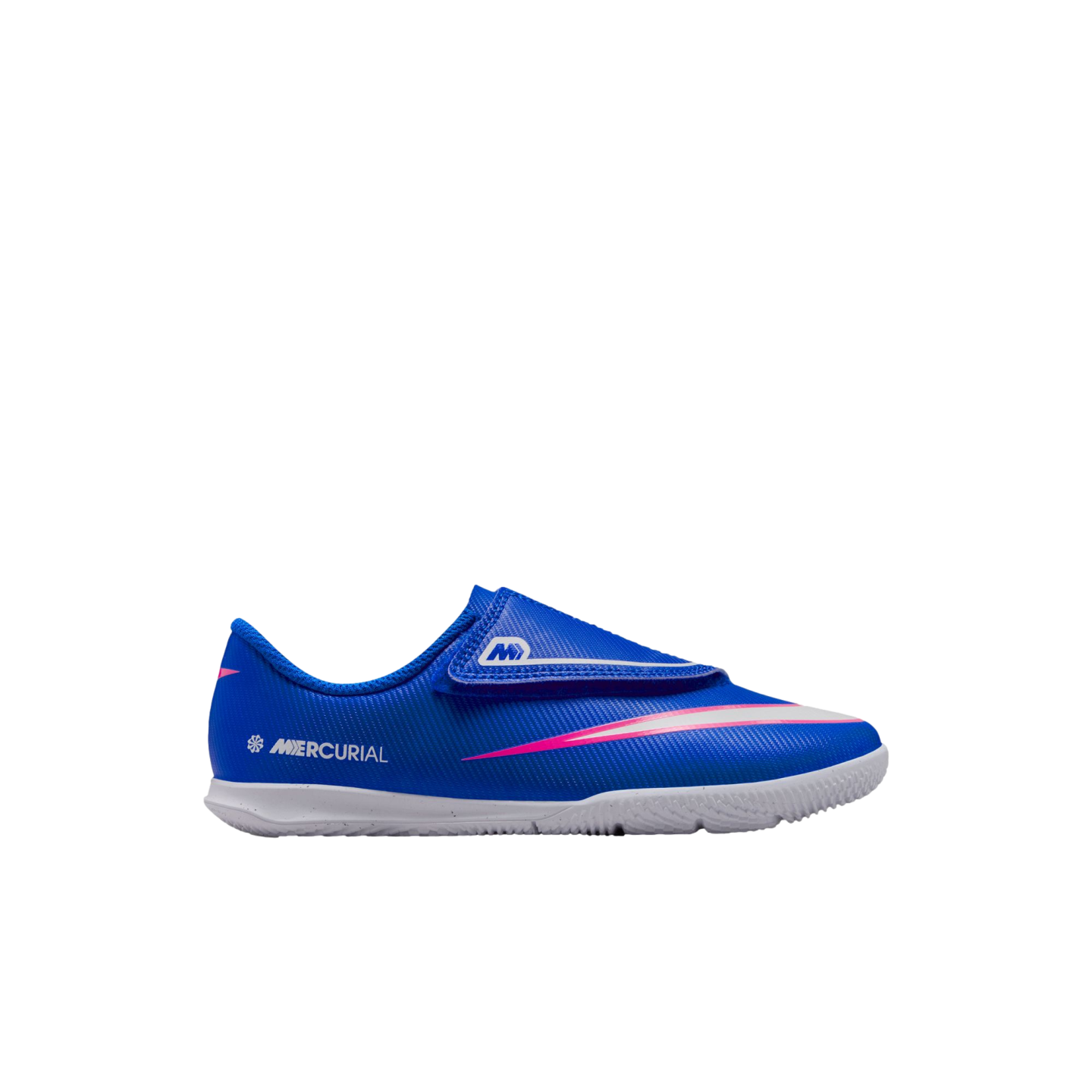 Blue Nike Mercurial soccer shoe for kids with a velcro strap and pink and white graphic detail on a white rubber sole.