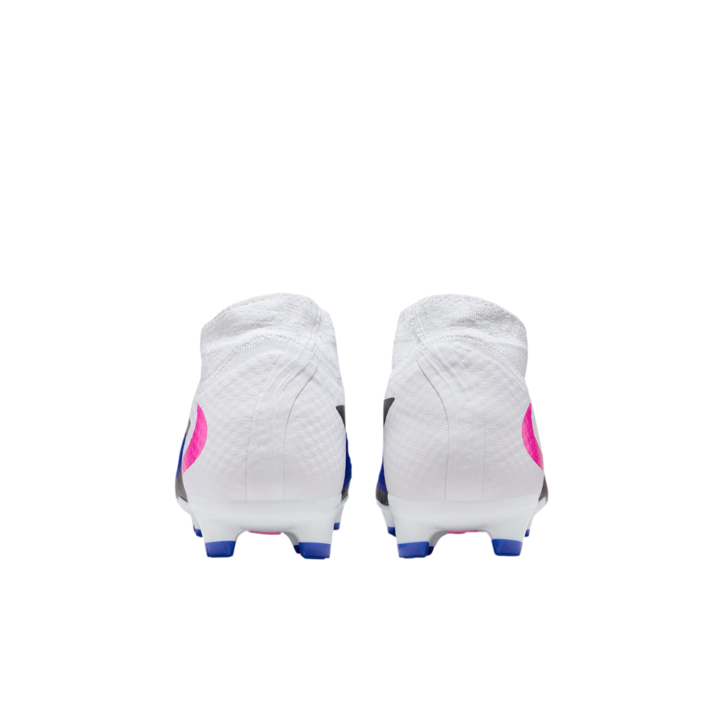Rear view of a pair of white soccer cleats with pink and blue accents, isolated on a black background.