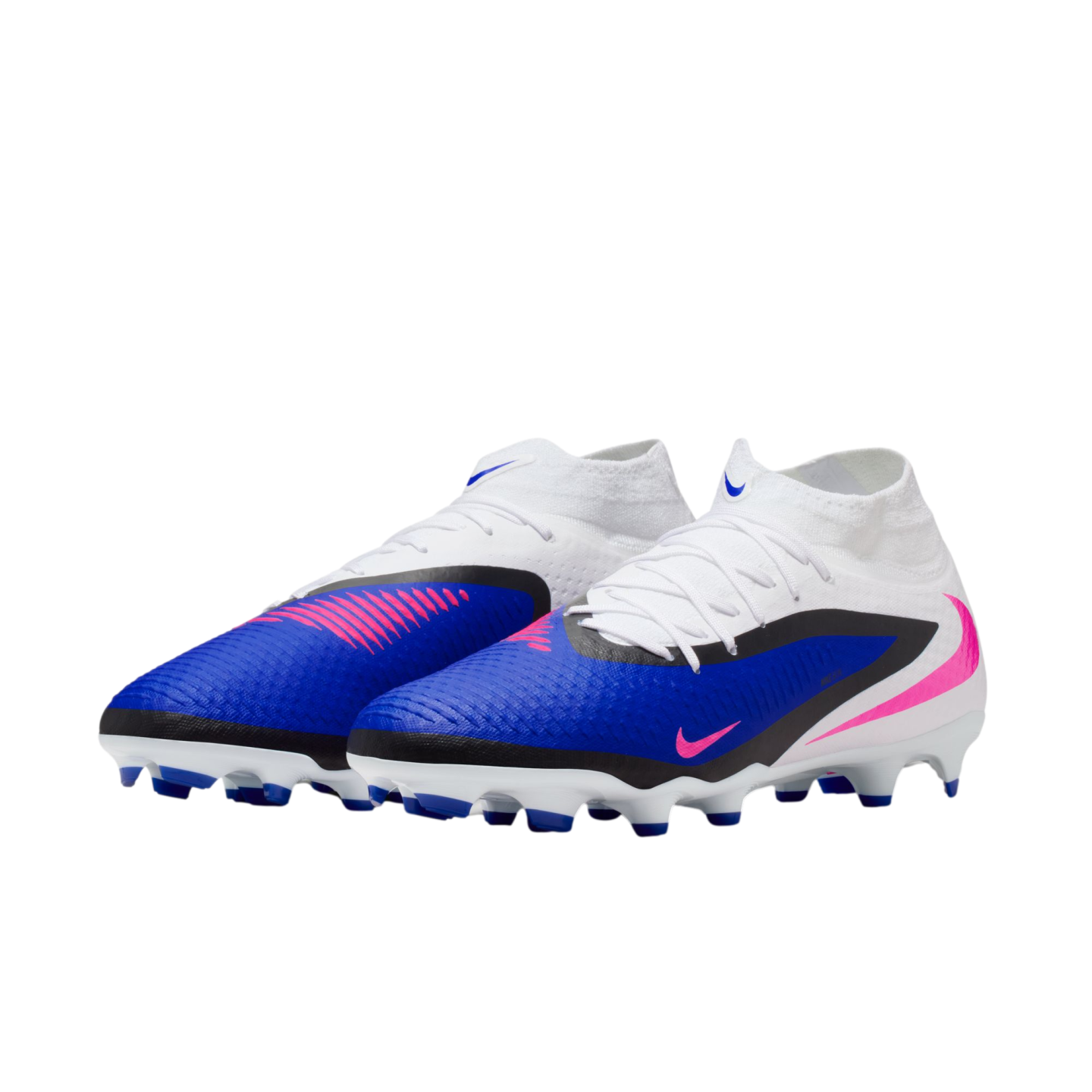 Nike Phantom soccer cleats in blue, white, and pink with a sock-like collar, shown against a black background.