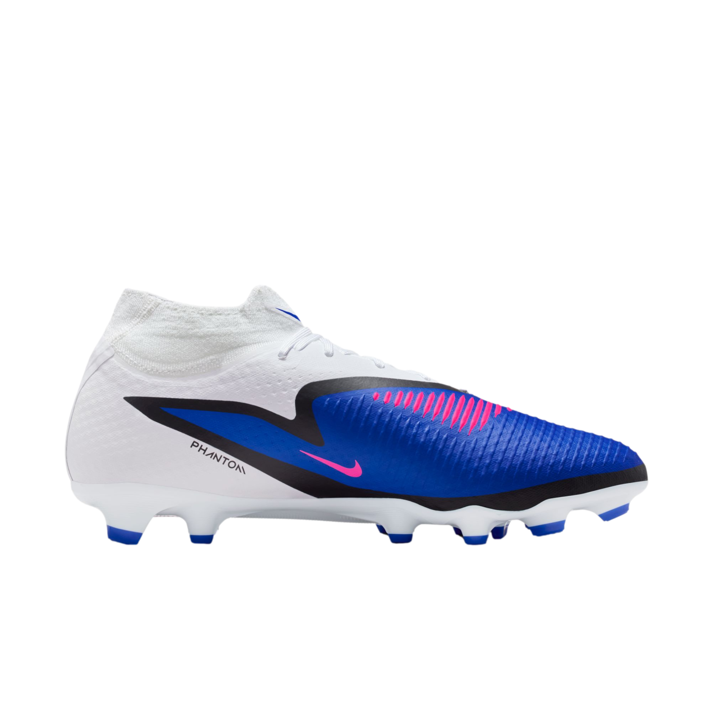 Side profile of a Nike Phantom soccer boot featuring a white, blue, and black design with pink accents and a white cleated sole, shown against a solid black background.