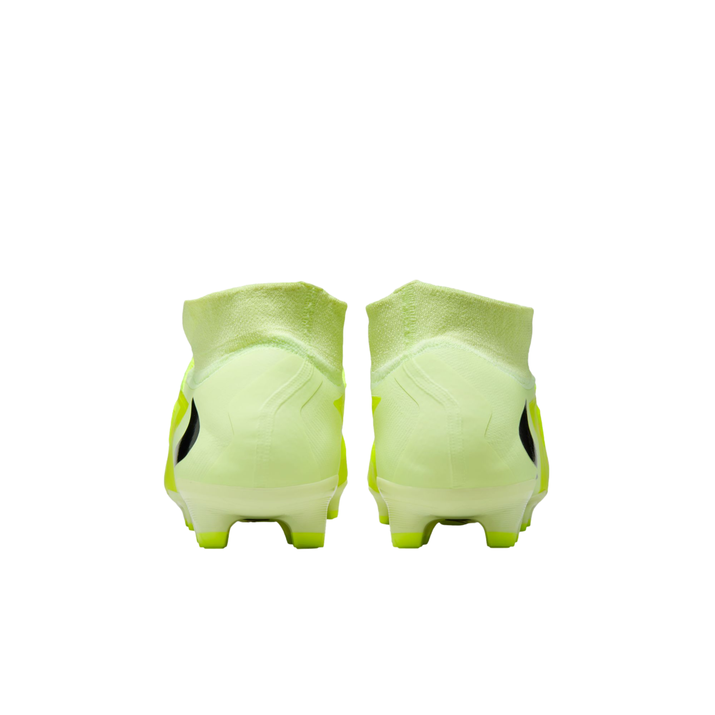 Rear view of a pair of neon yellow high-top soccer cleats against a black background.