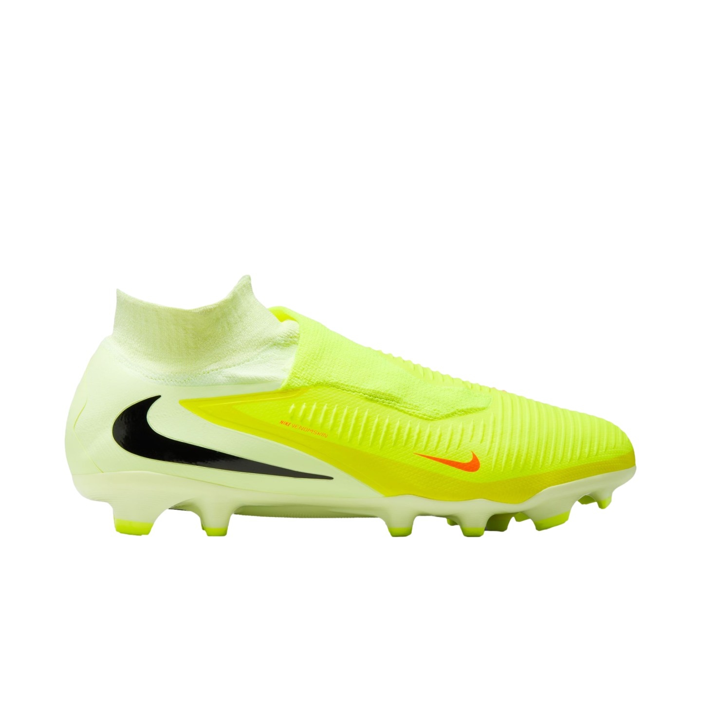 A neon yellow and white Nike soccer cleat with a high-top collar, black swoosh on the heel, and orange swoosh near the toe, isolated on a black background.