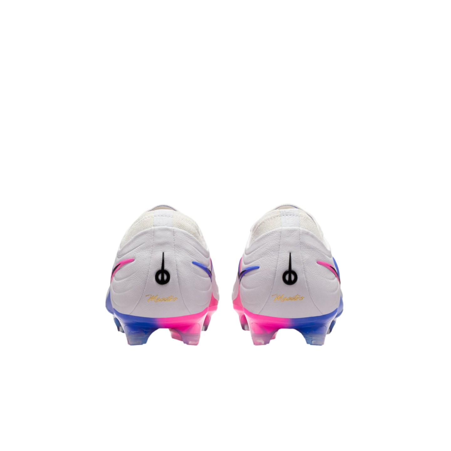 Rear view of two white soccer cleats with pink and blue gradient soles. Each heel features a black logo and "Maestro" written in gold cursive script.