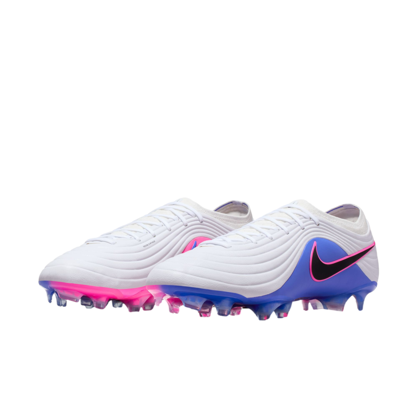 White Nike soccer cleats with blue and pink accents and a black swoosh, displayed against a black background.