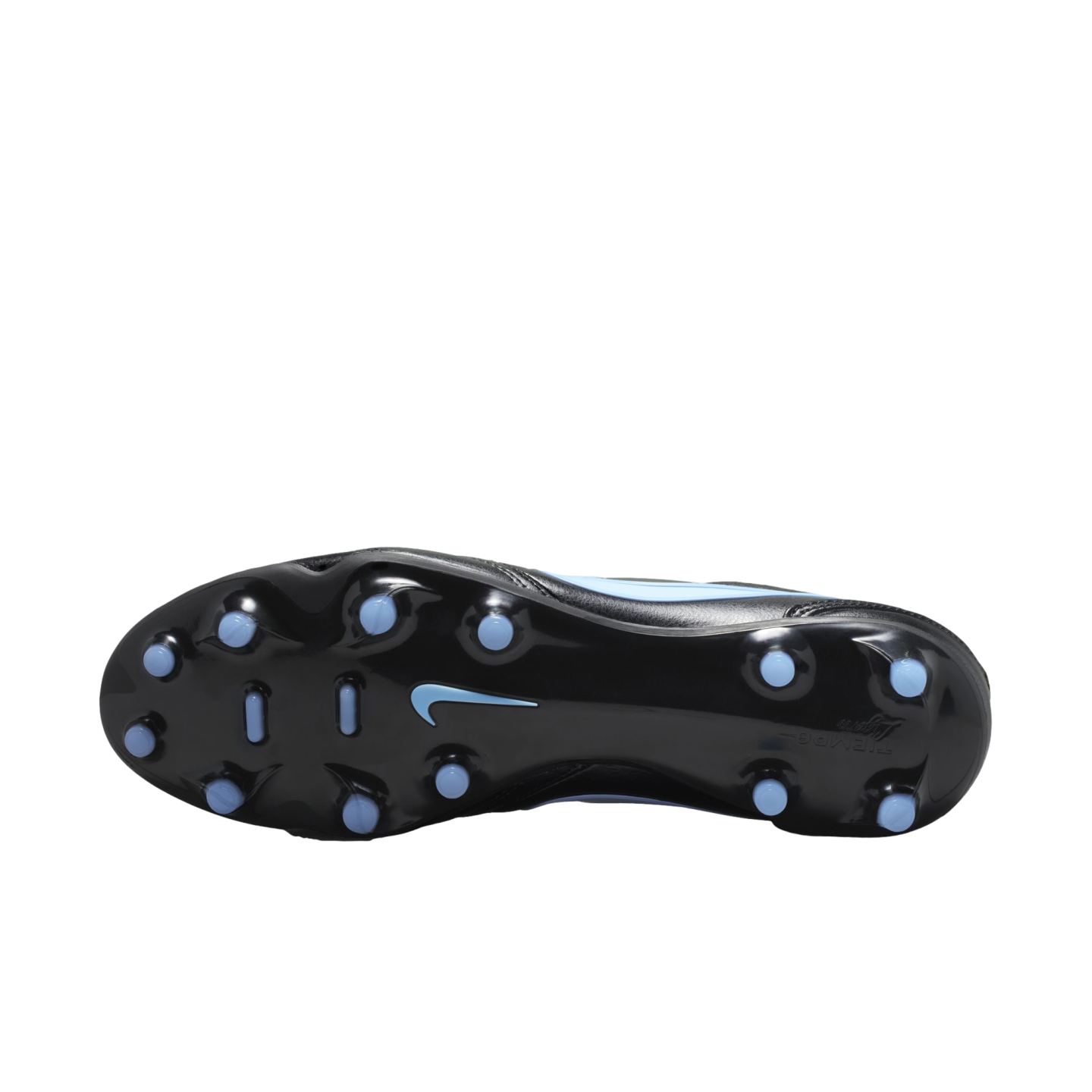 Underside of a black Nike Tiempo Legend soccer cleat, featuring light blue circular studs and a central Nike swoosh against a black background.