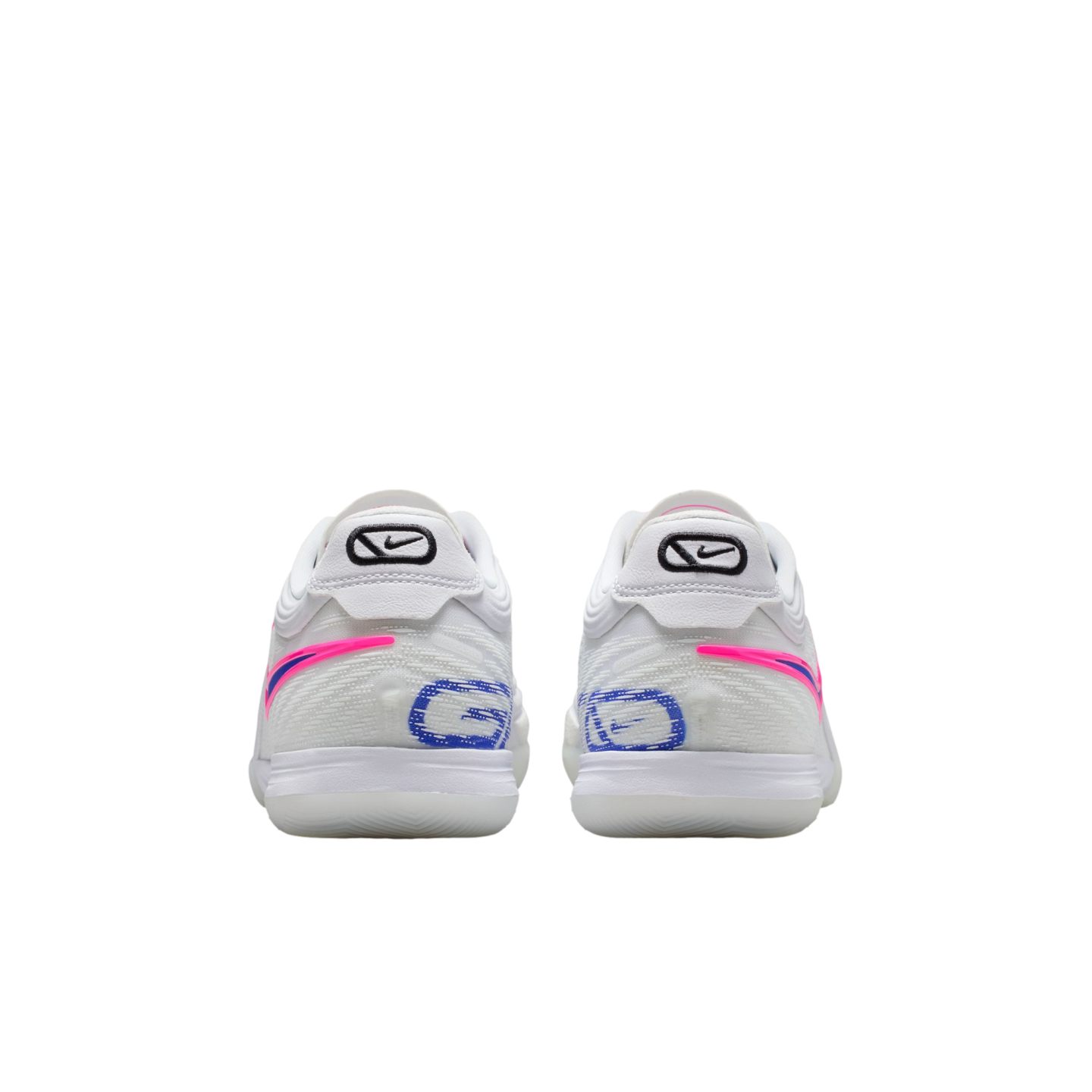 A rear view of two white Nike performance shoes with pink and blue accents on a black background.
