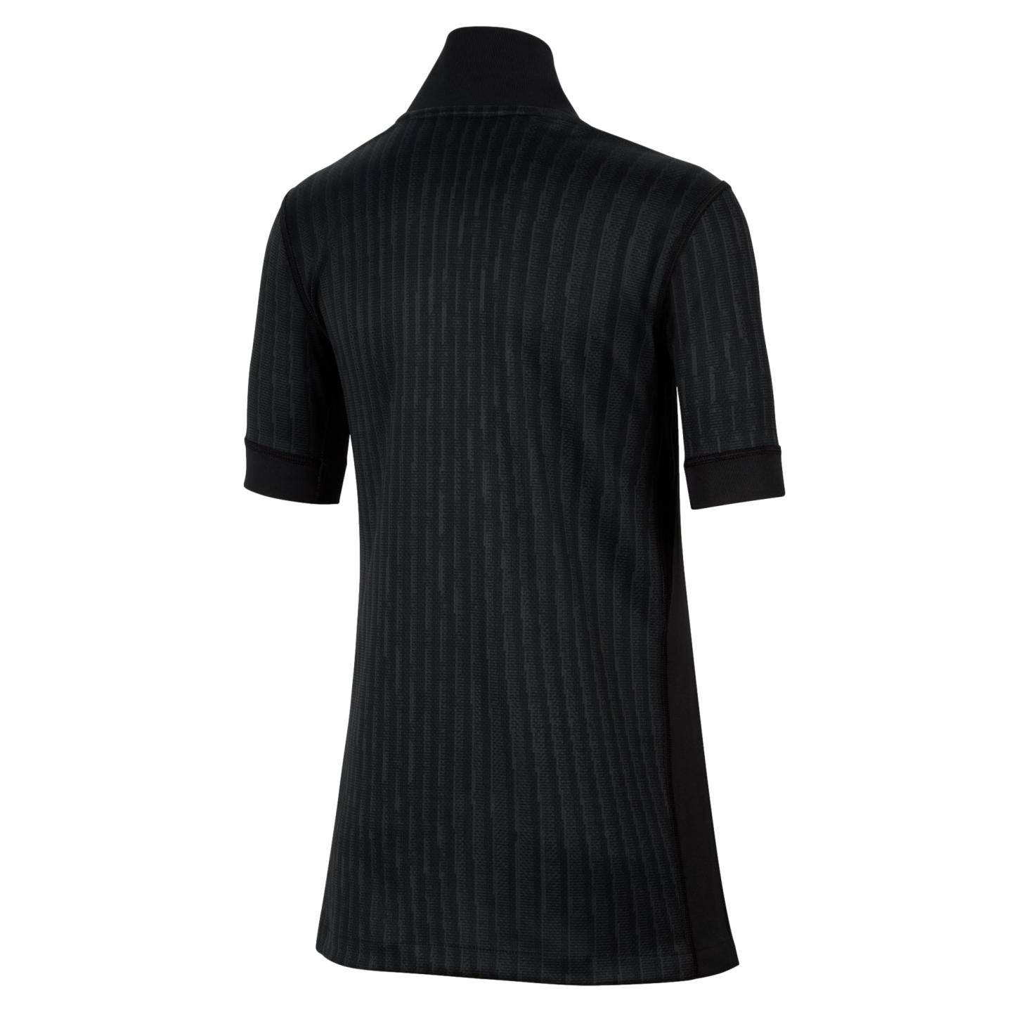 Back view of a black short-sleeved jersey with a subtle vertical rib-knit texture, shown against a solid black background.