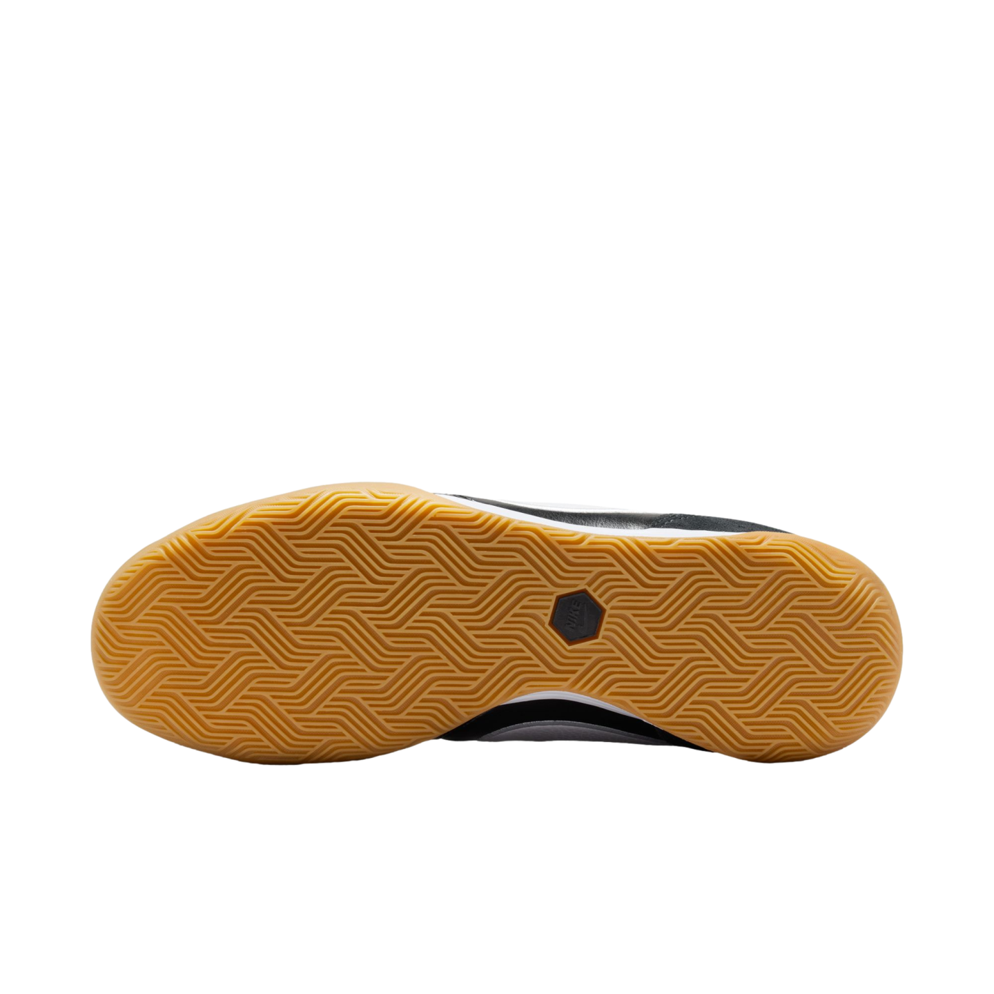 The sole of a Nike shoe featuring a gum-colored rubber outsole with a herringbone traction pattern and a central black logo.