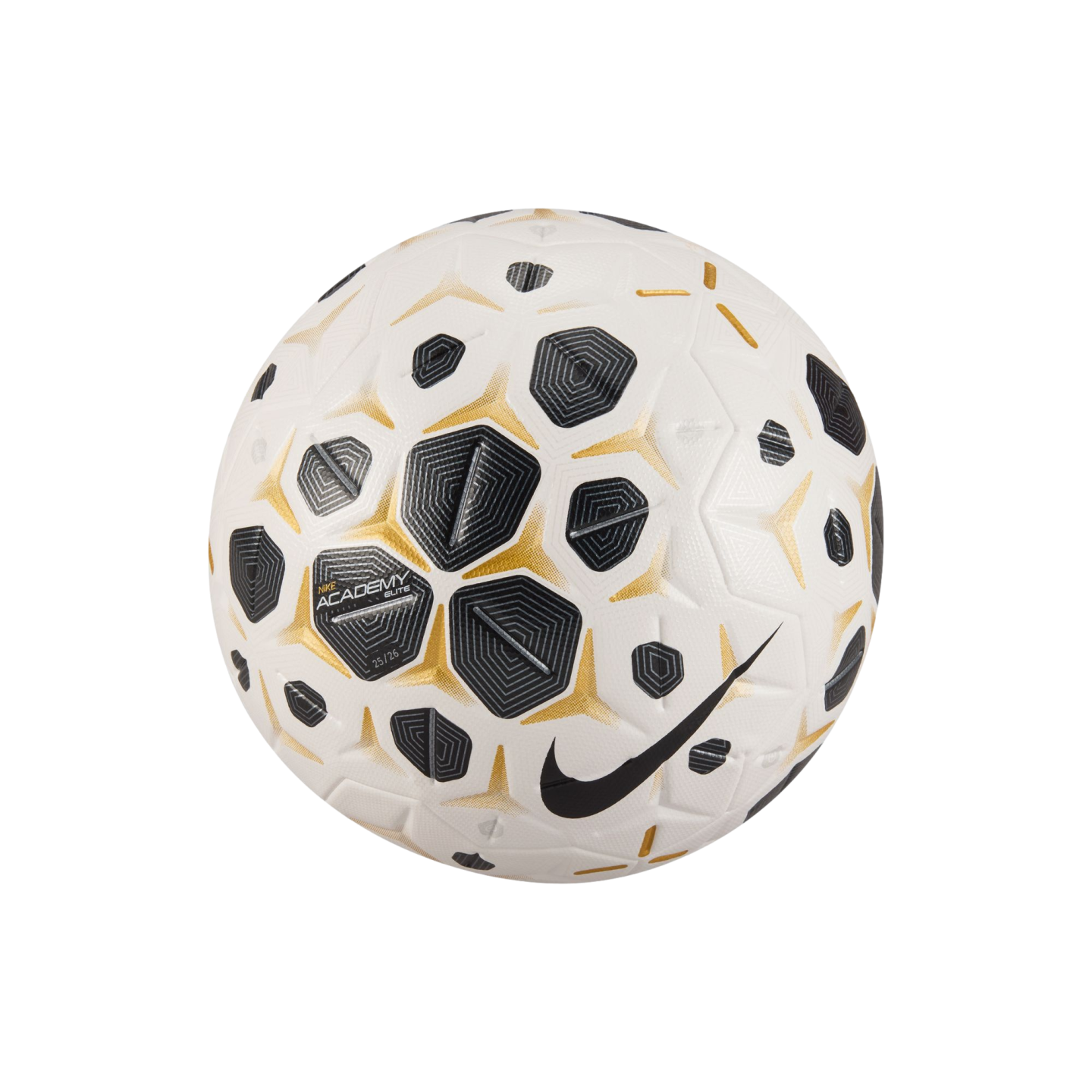 A Nike Academy Elite soccer ball with white, black, and gold geometric patterns and a large black swoosh, centered on a black background.