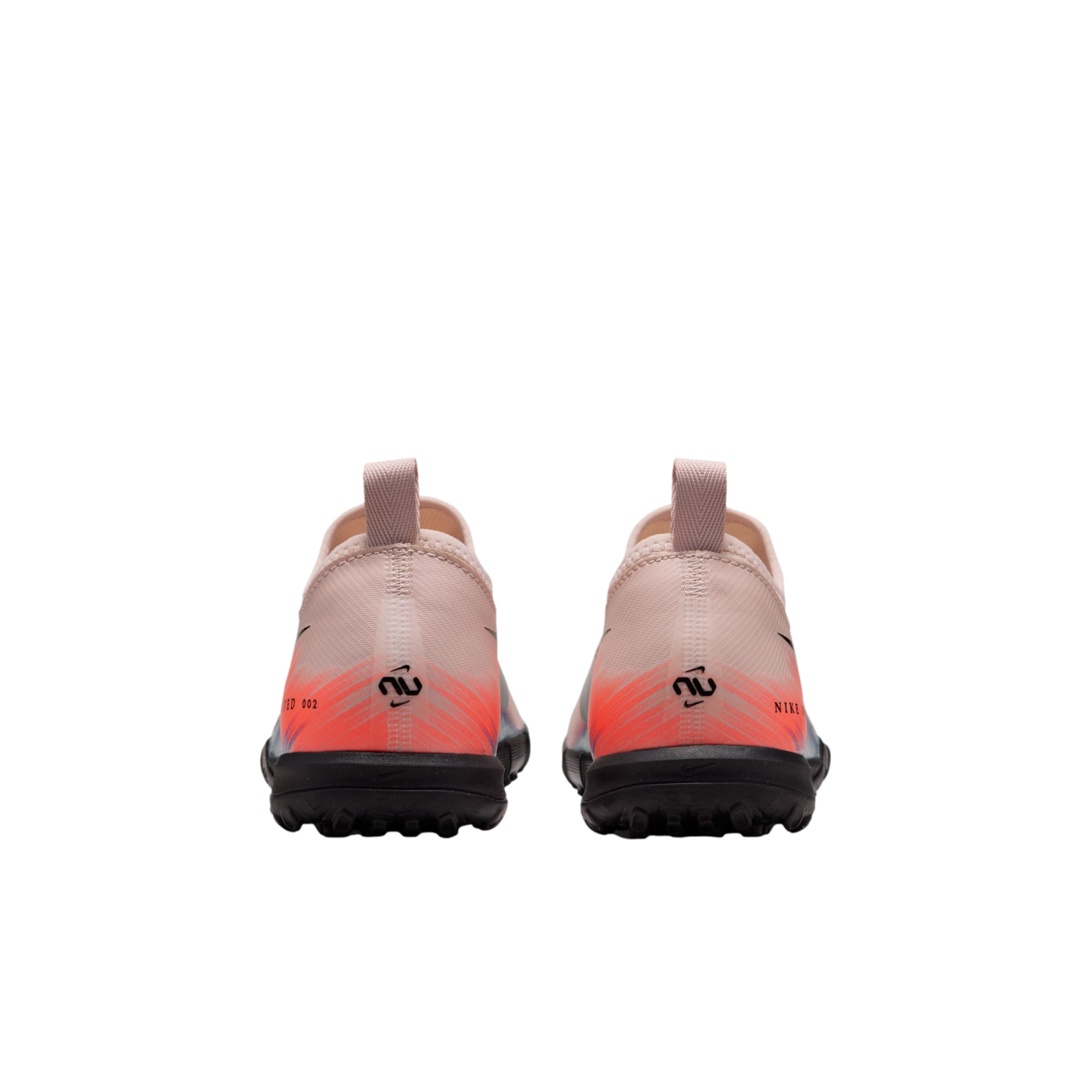 Rear view of light pink and orange Nike Neymar Jr. soccer shoes with black soles, centered against a black background.