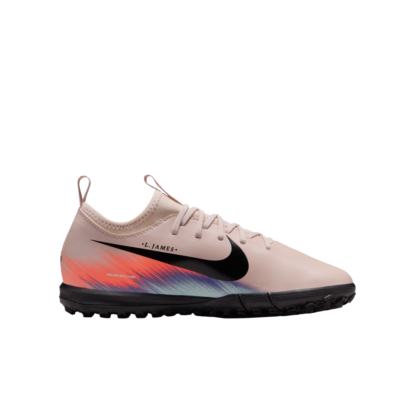 Pale pink Nike Air Zoom Mercurial soccer shoe with a black swoosh and colorful side graphic, shown against a black background.