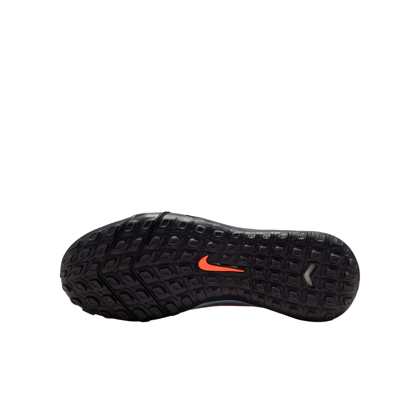 Bottom view of a black Nike shoe sole featuring a textured tread pattern and an orange swoosh logo, isolated on a black background.