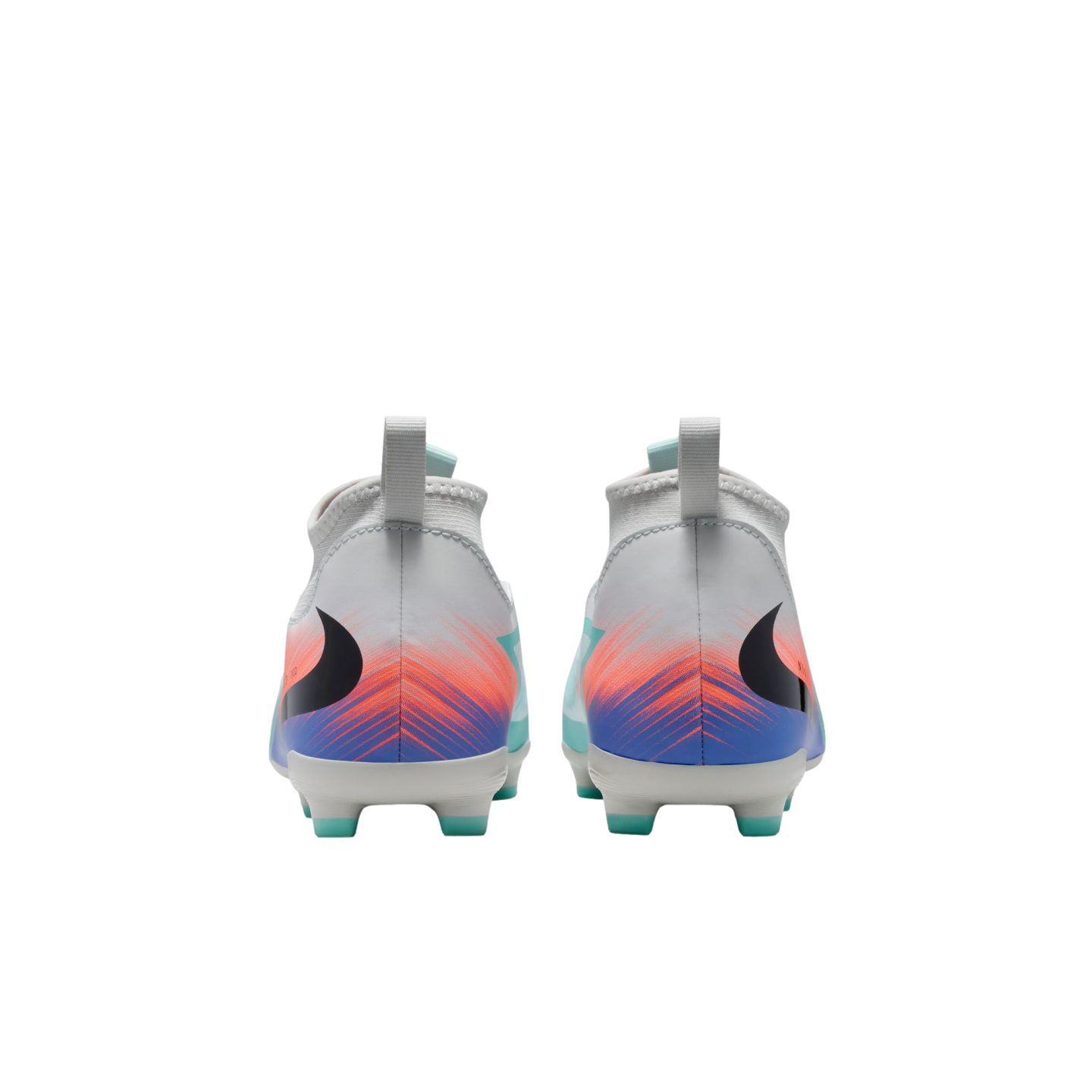 Rear view of light gray Nike soccer cleats with orange and blue heel patterns and teal studs, set against a black background.