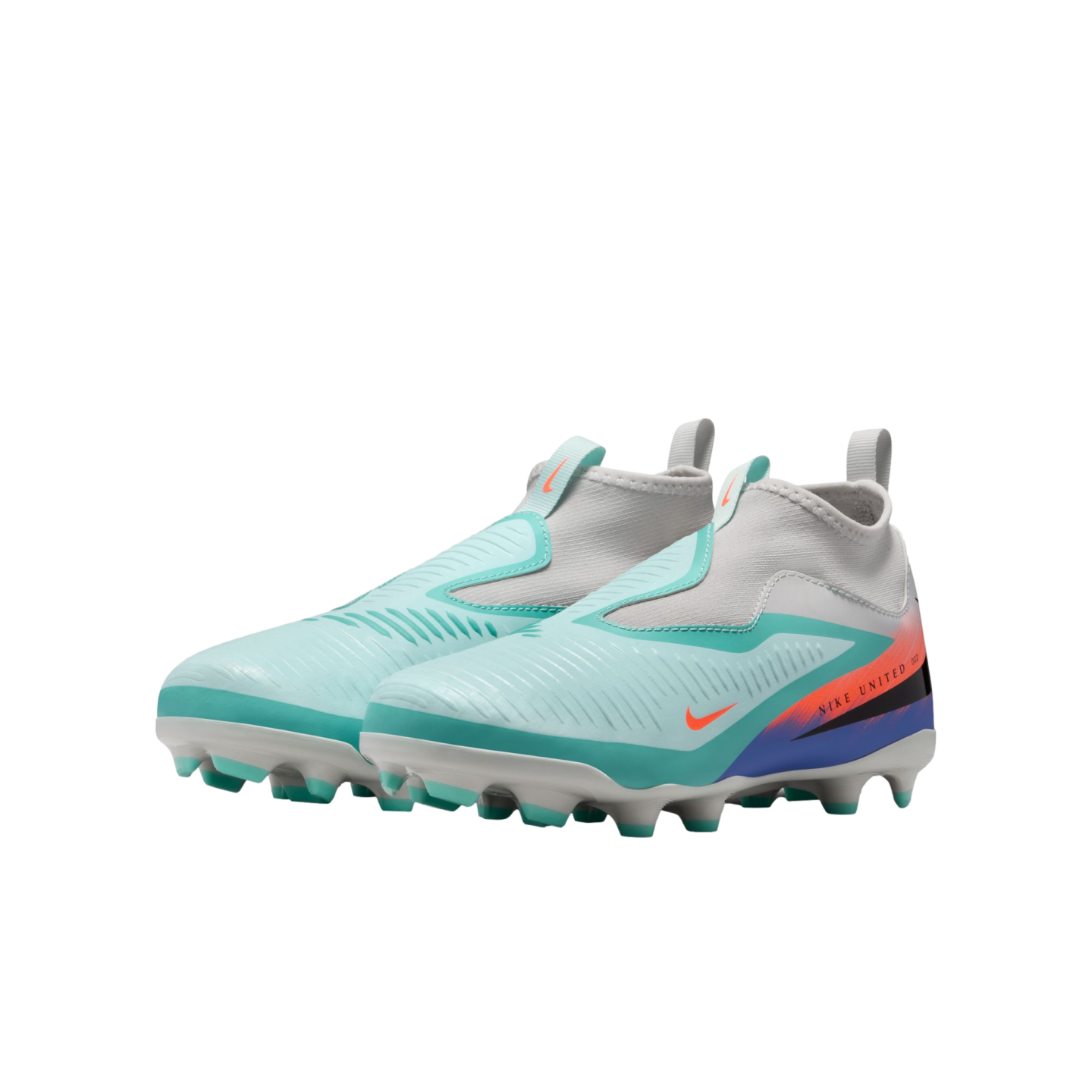 Pair of laceless teal and grey Nike soccer cleats with orange and purple accents and "NIKE UNITED" branding, displayed on a black background.