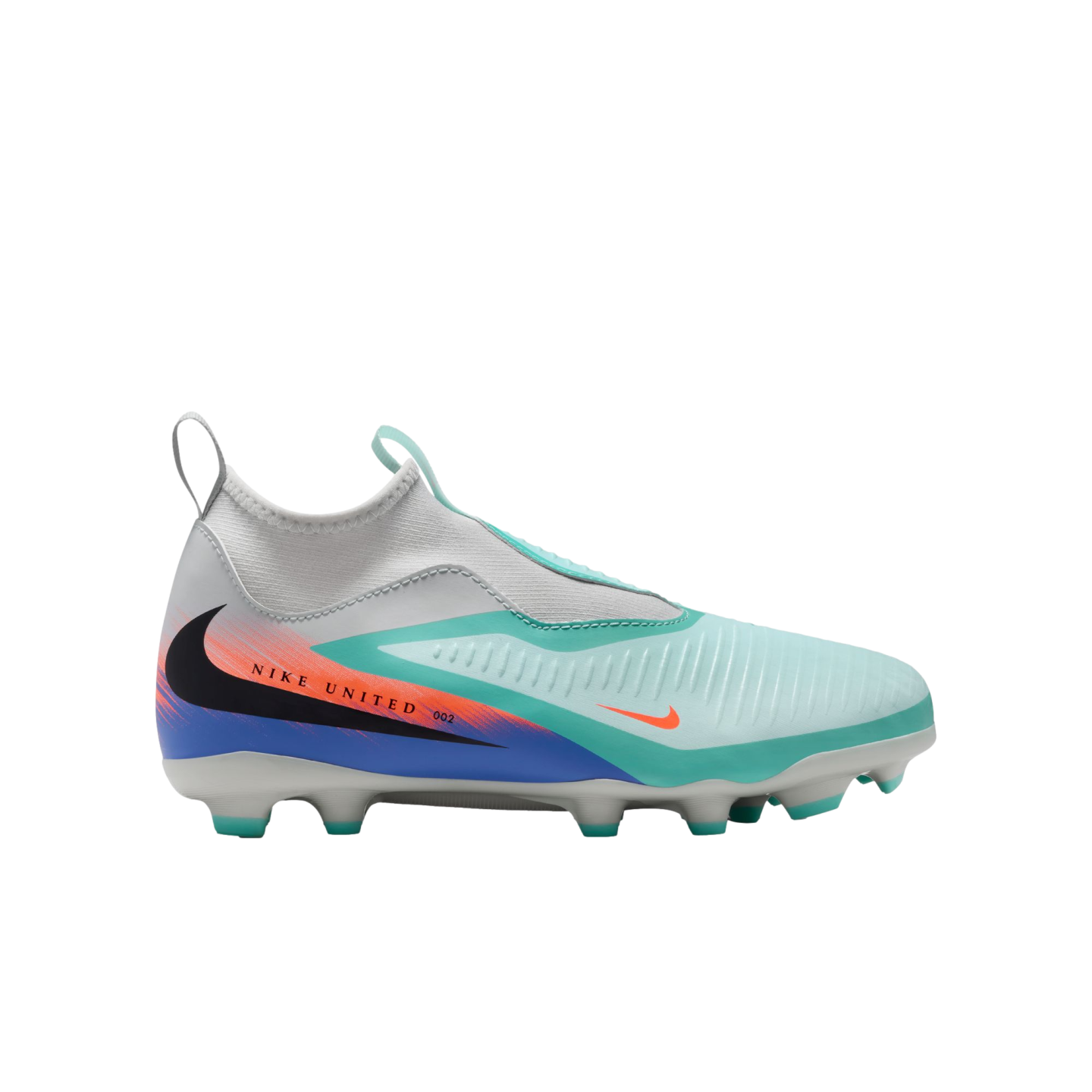 A Nike United soccer cleat featuring a white collar, teal upper, and black swoosh with orange and purple accents. The side reads 'NIKE UNITED 002'.