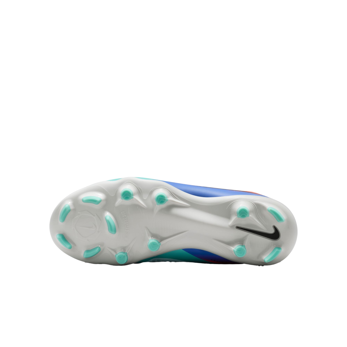 Bottom view of a white Nike soccer cleat soleplate with teal studs and a black Nike swoosh, set against a solid black background.