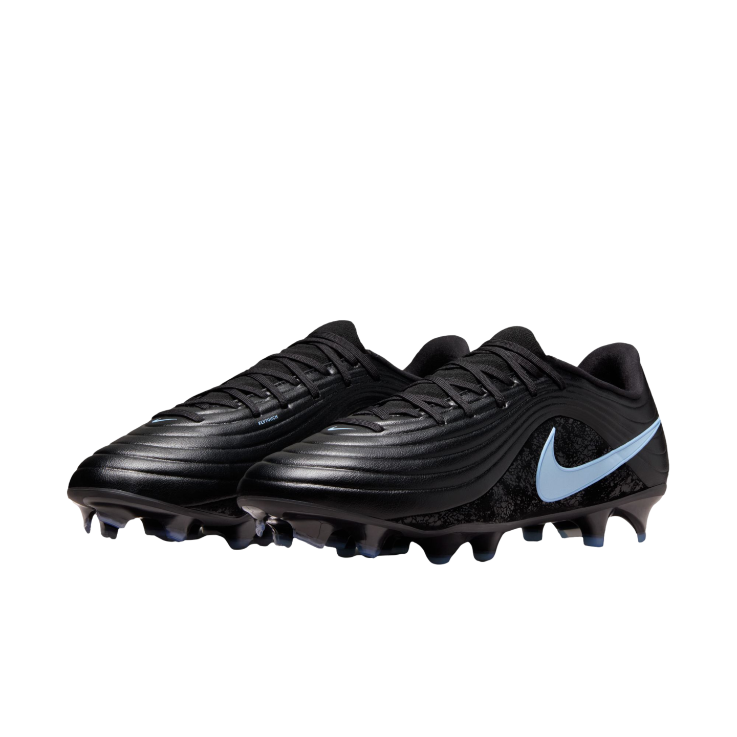Pair of black Nike soccer cleats with a light blue swoosh logo, shown against a solid black background.