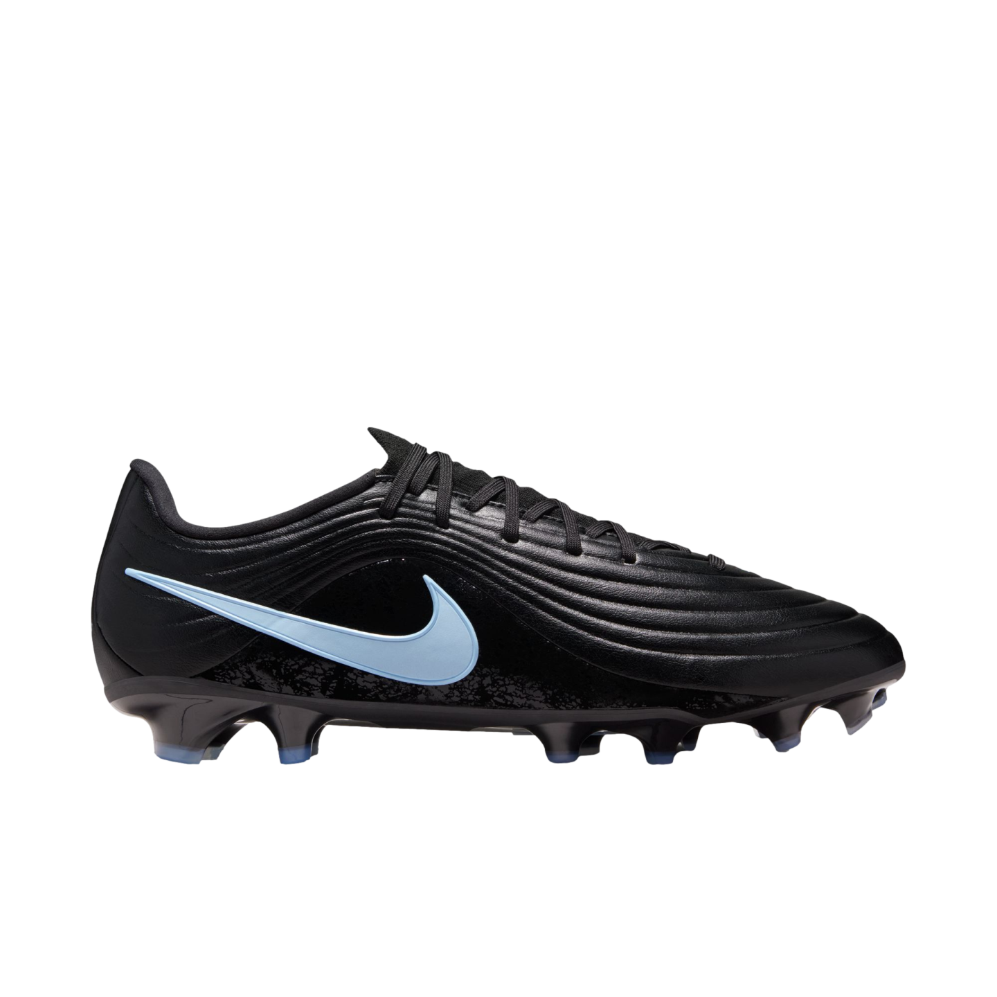 Profile of a black Nike soccer cleat with a light blue swoosh. The shoe has a ribbed texture on the upper and black laces, set against a solid black background.