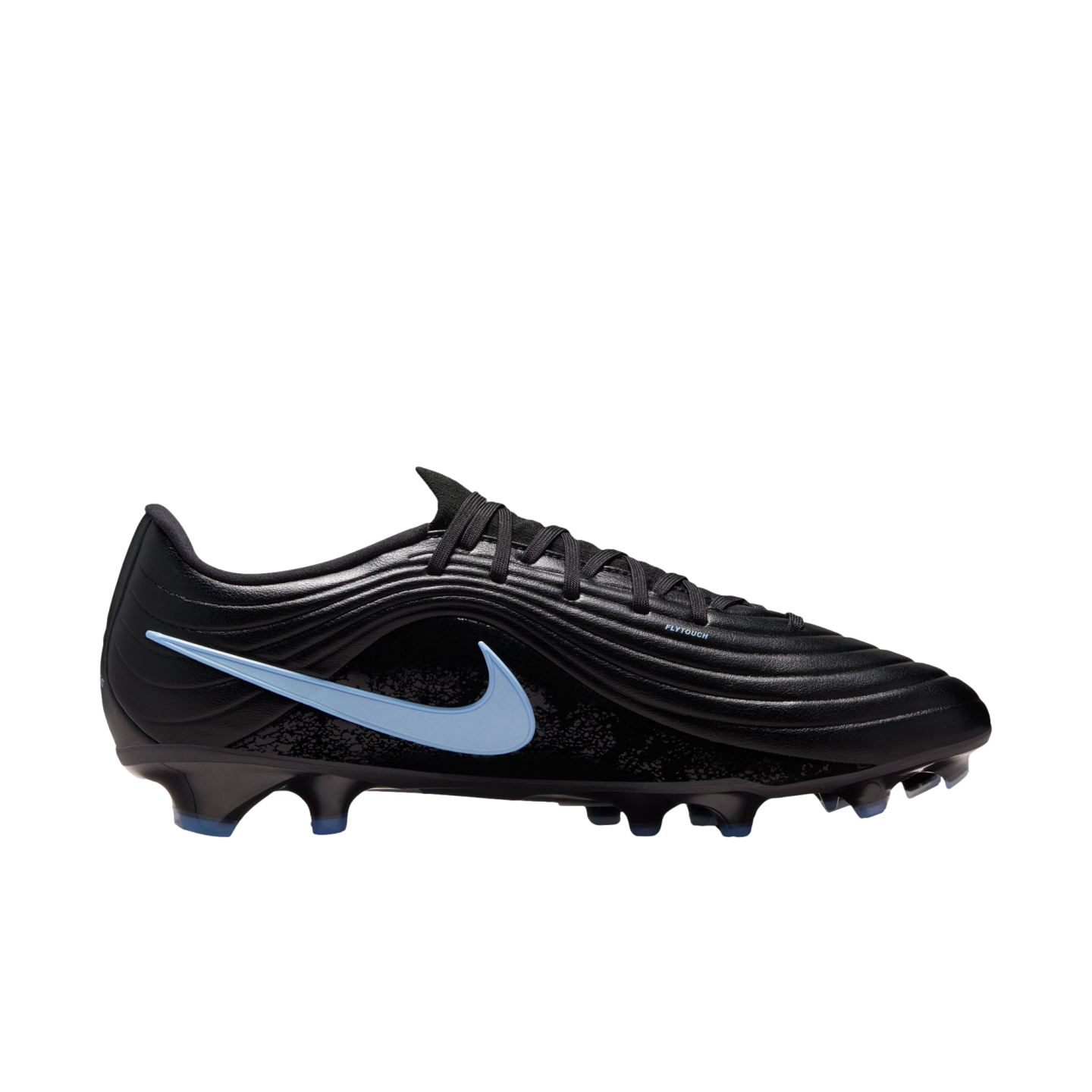 Profile view of a black Nike soccer cleat with a light blue swoosh, textured upper, and blue-tipped studs against a black background.