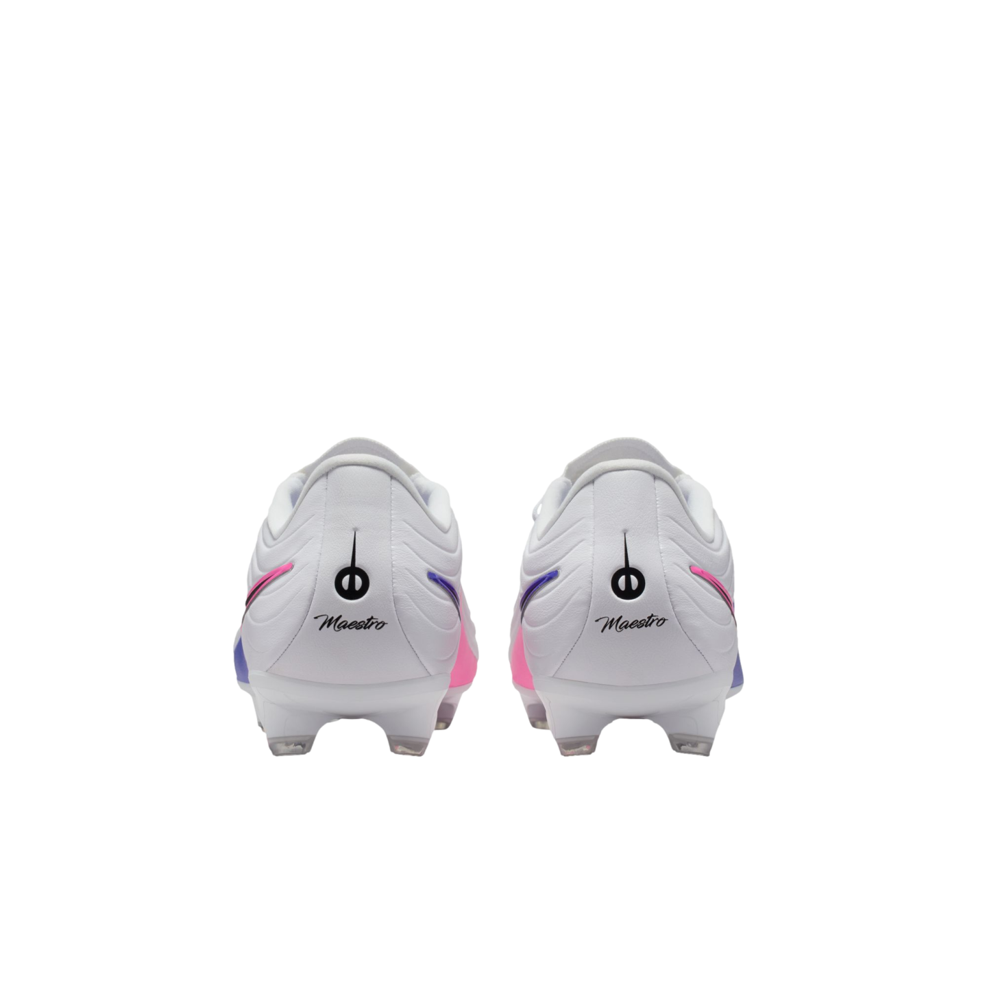 Two white soccer cleats seen from the back, featuring a "Maestro" logo on the heel and colorful pink and purple accents. Set against a solid black background.