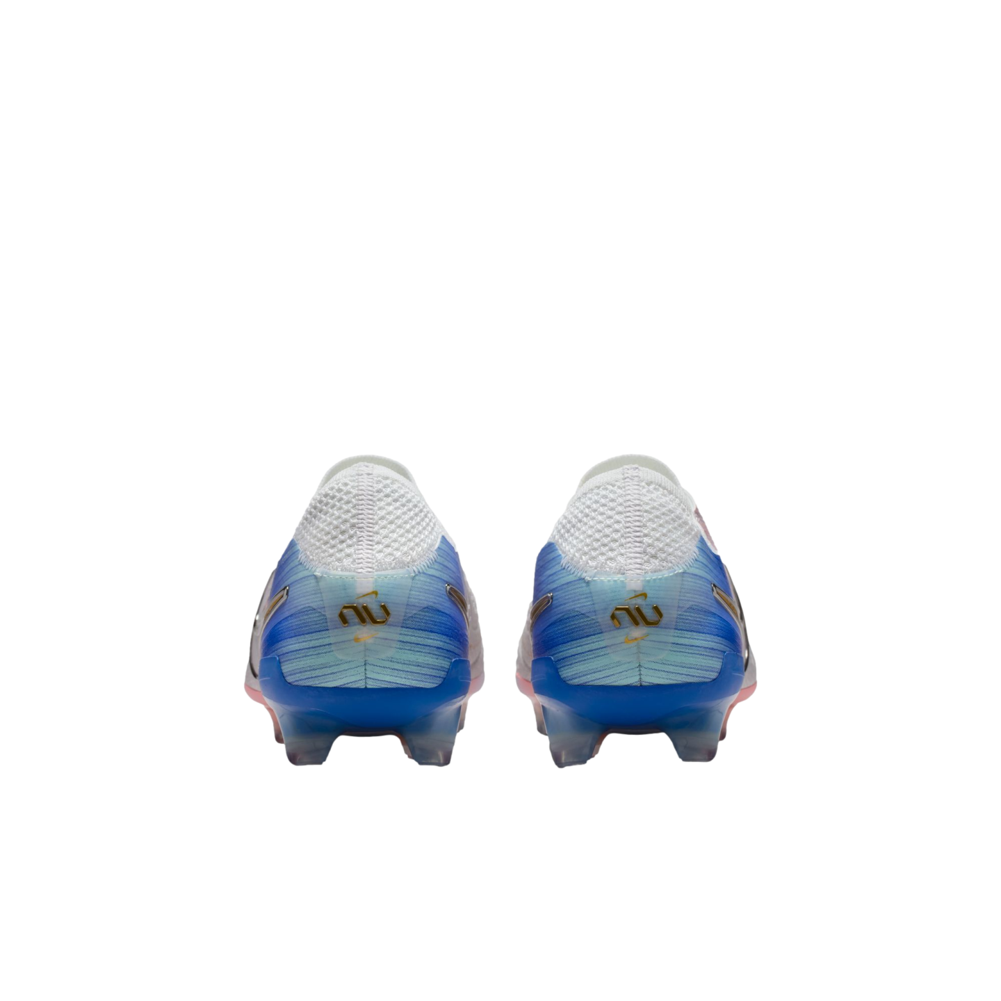 Rear view of white and blue soccer cleats with gold logos on the heels, set against a black background.