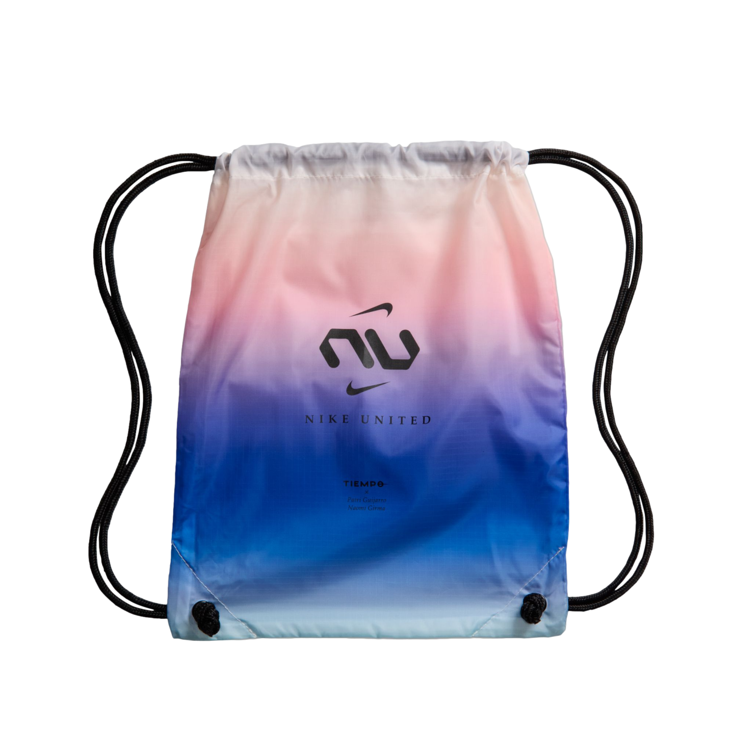 A Nike United drawstring bag with a pink, purple, and blue gradient. It features a black "NU" logo and "NIKE UNITED" text on the front.