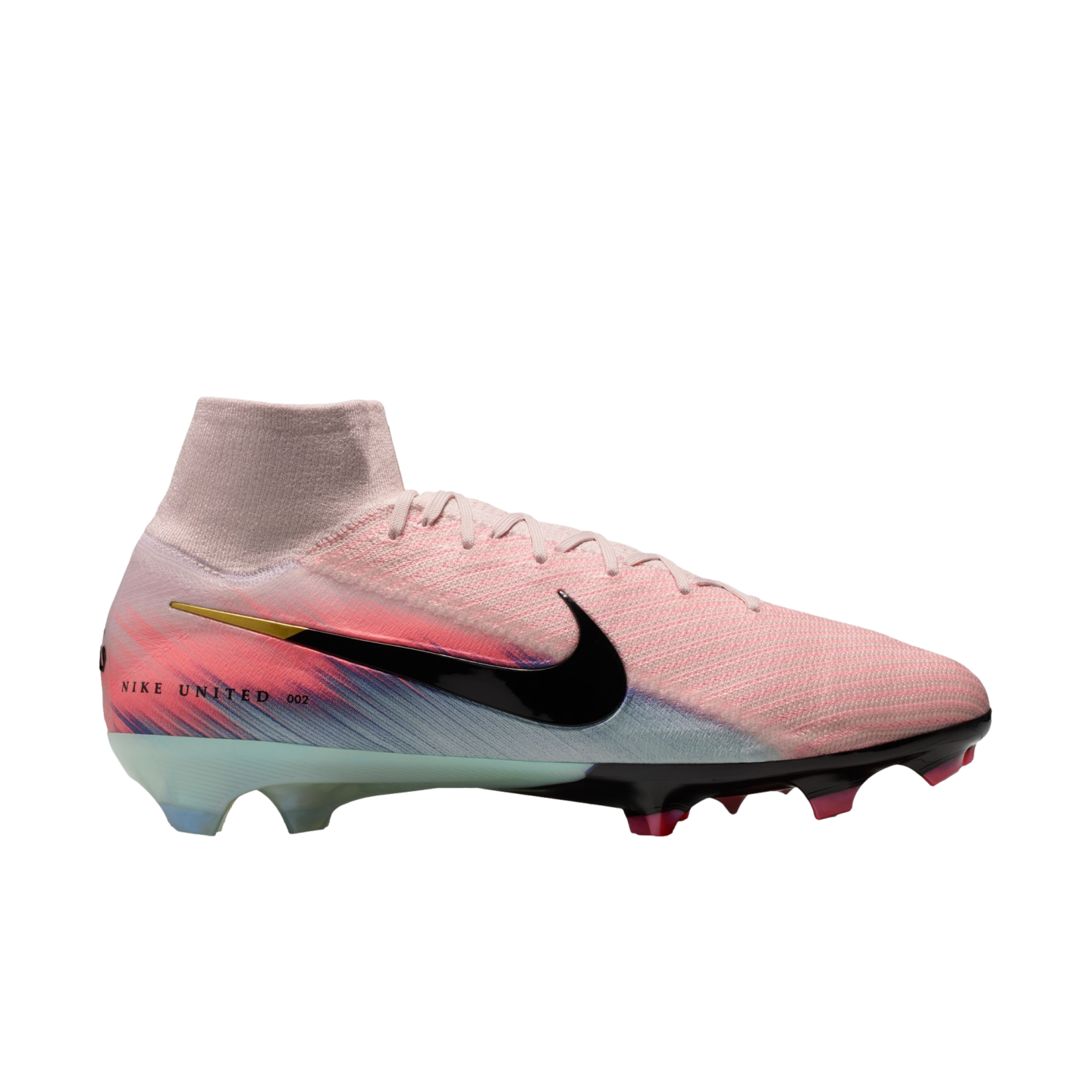 A Nike United high-top soccer cleat featuring a pink upper, black swoosh, and a blue-and-red gradient graphic along the heel and studded sole.