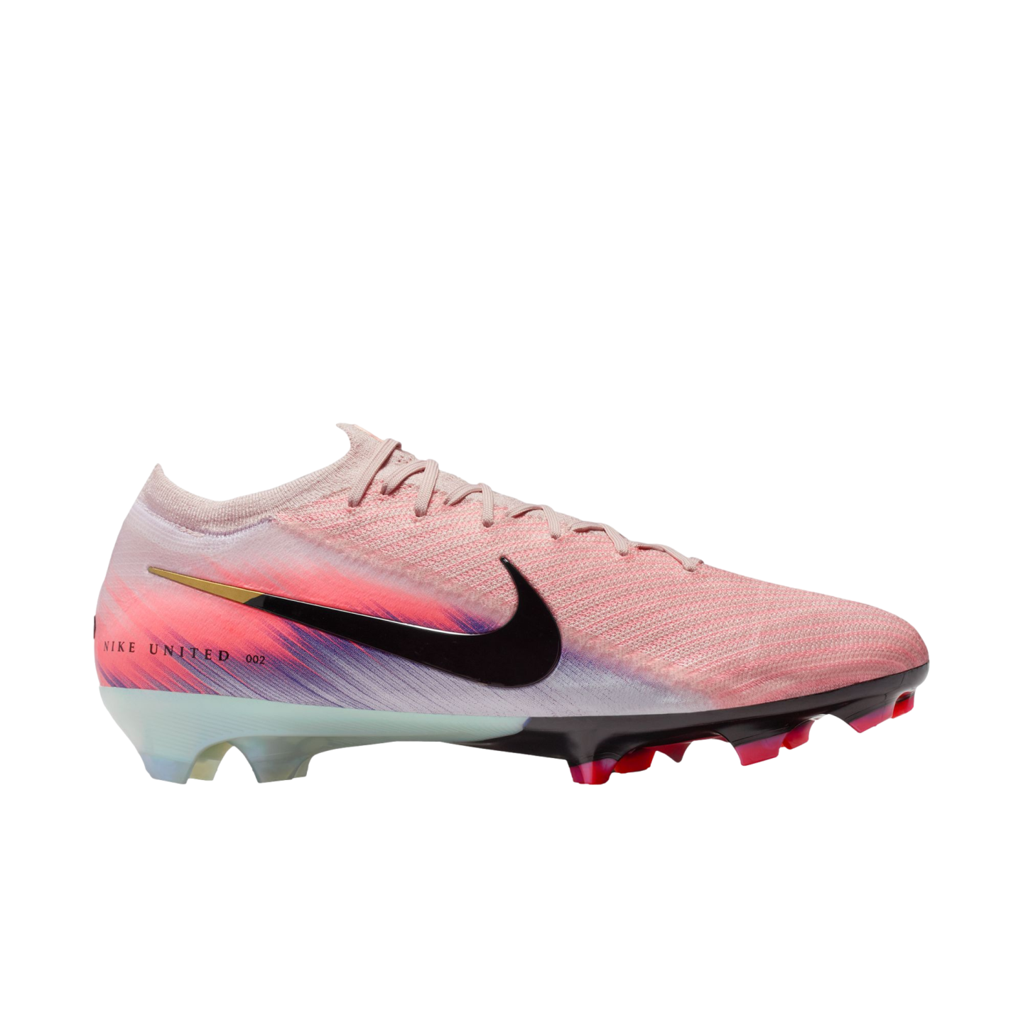 Side view of a pink Nike soccer cleat with a black swoosh, purple and pink heel accents, and red studs on a black background.
