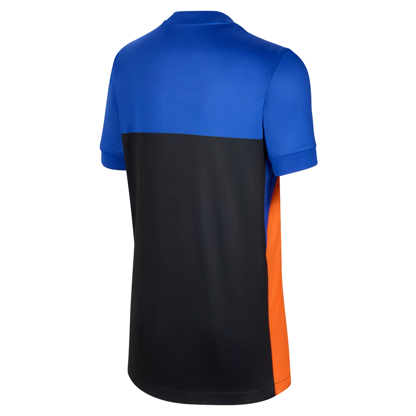 Back view of a short-sleeved athletic shirt featuring royal blue on top, black on the bottom, and a bright orange side panel.