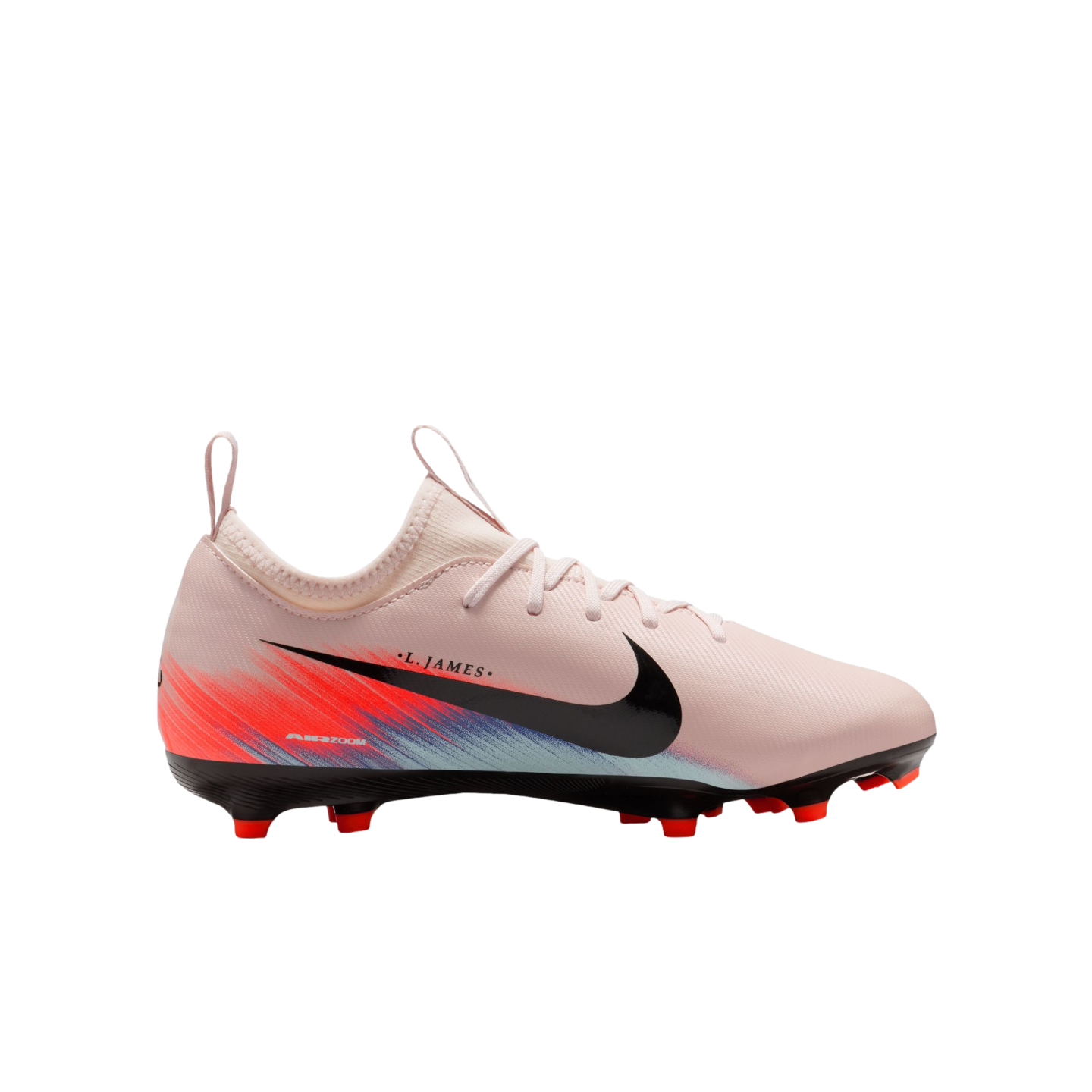 Profile view of a light pink Nike soccer cleat featuring a black swoosh, red and blue brushstroke graphics, and red studs, isolated on a black background.