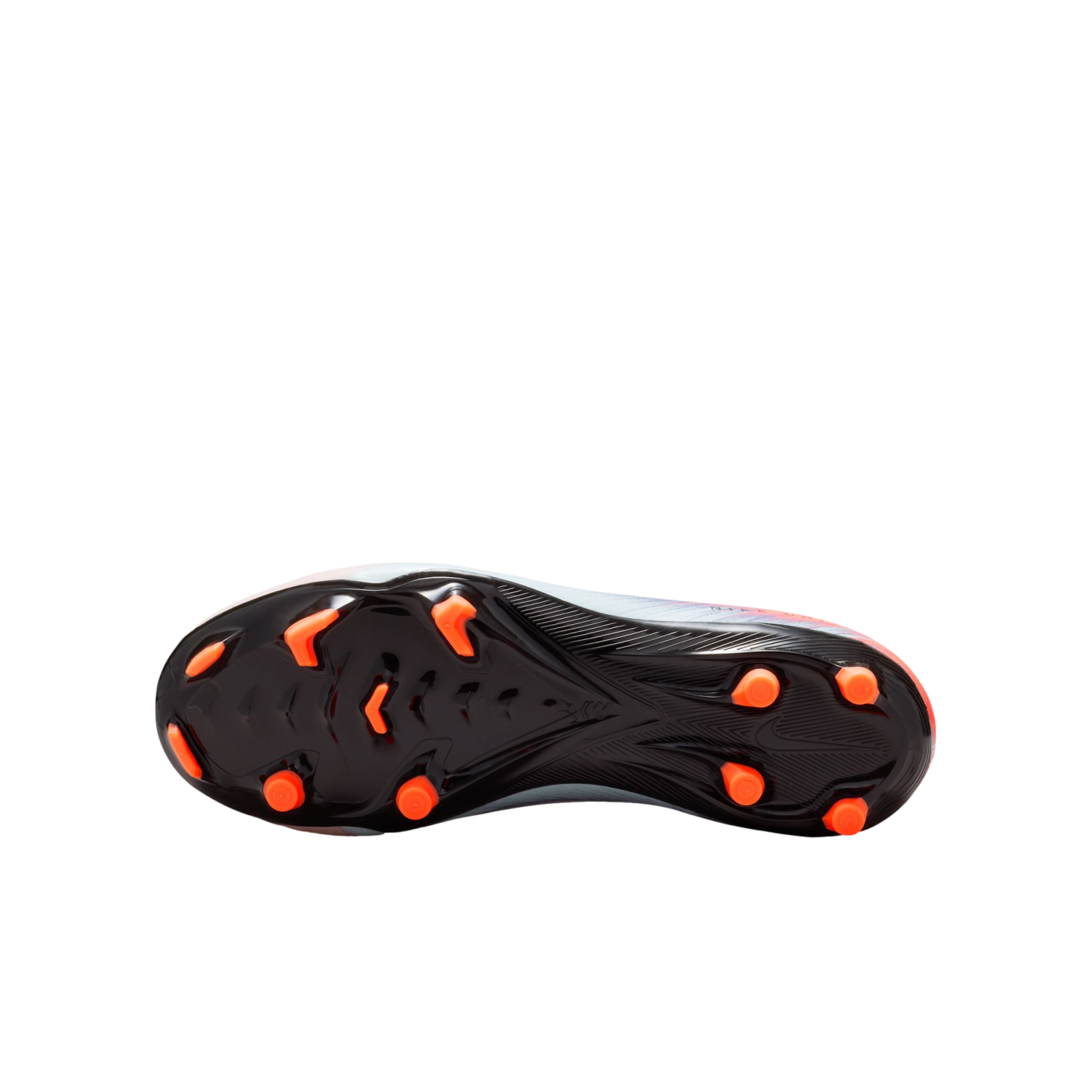 A bottom view of a soccer cleat with a black soleplate and bright orange studs. The shoe's upper features a light blue and pink gradient, set against a solid black background.