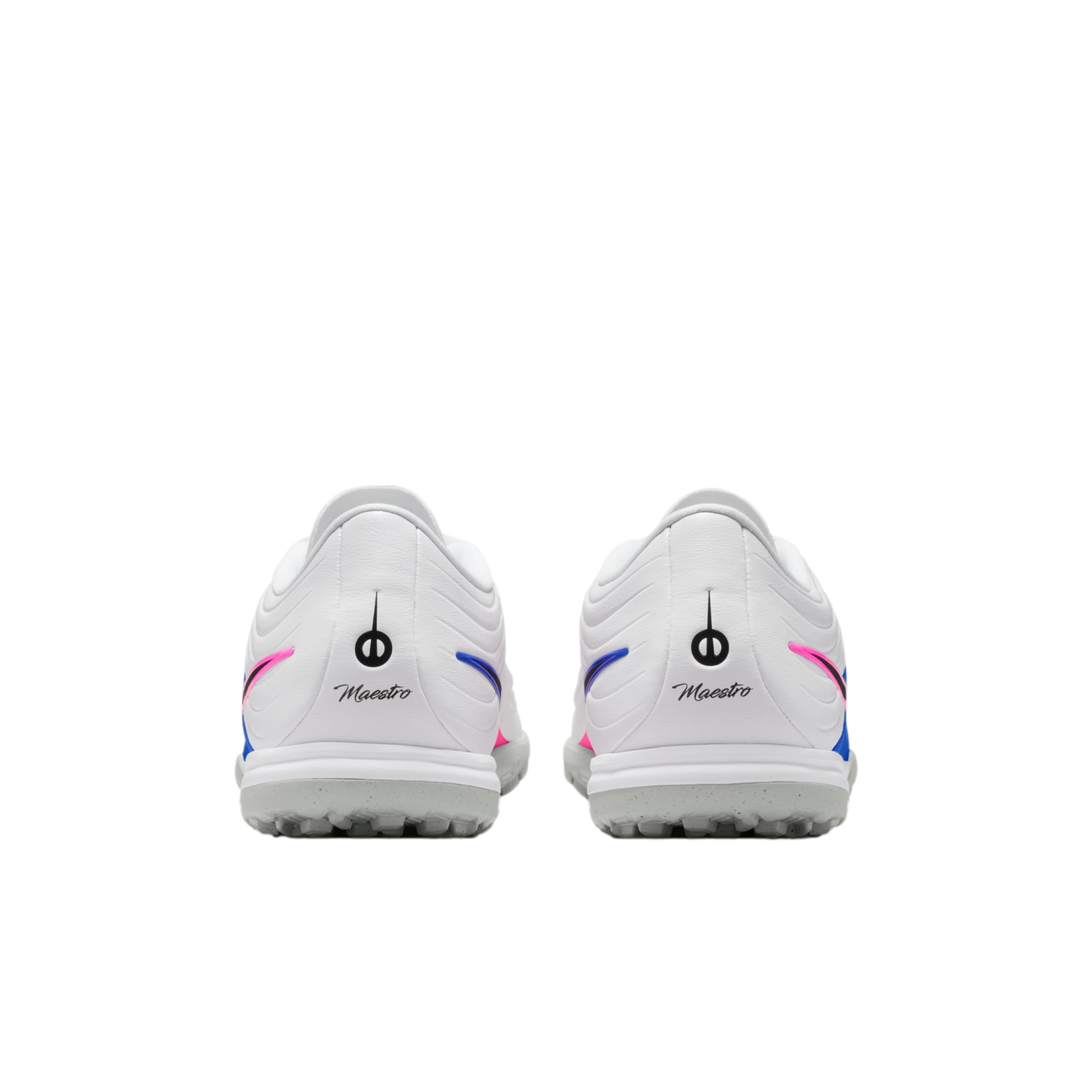 Rear view of two white Maestro sneakers with pink and blue accents on a black background. The heels feature a circular logo and script text above grey textured soles.