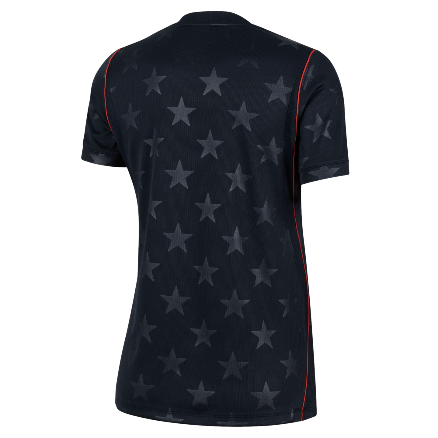 Back view of a black short-sleeved jersey with a subtle tonal star pattern and thin red vertical piping on the sides.