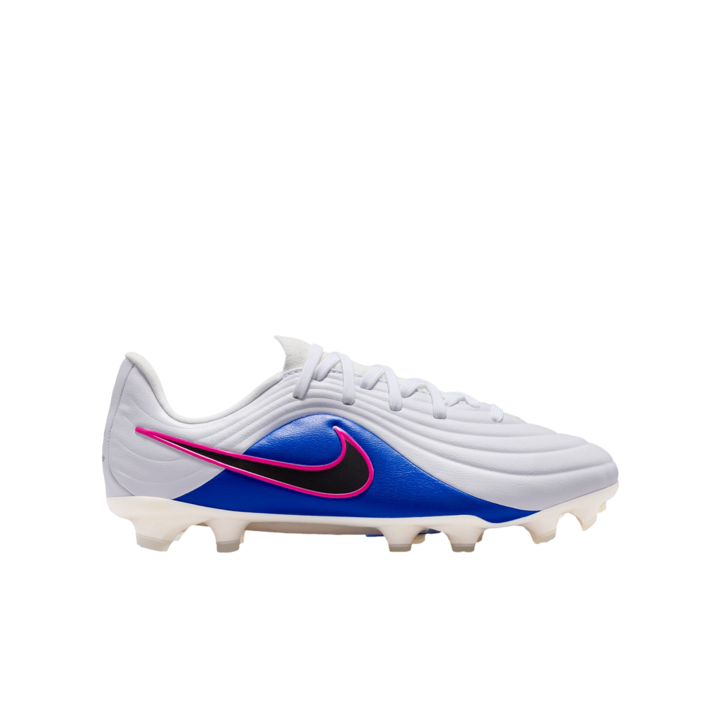 White Nike soccer cleat with a blue side panel and a pink-outlined black swoosh, profile view on black.